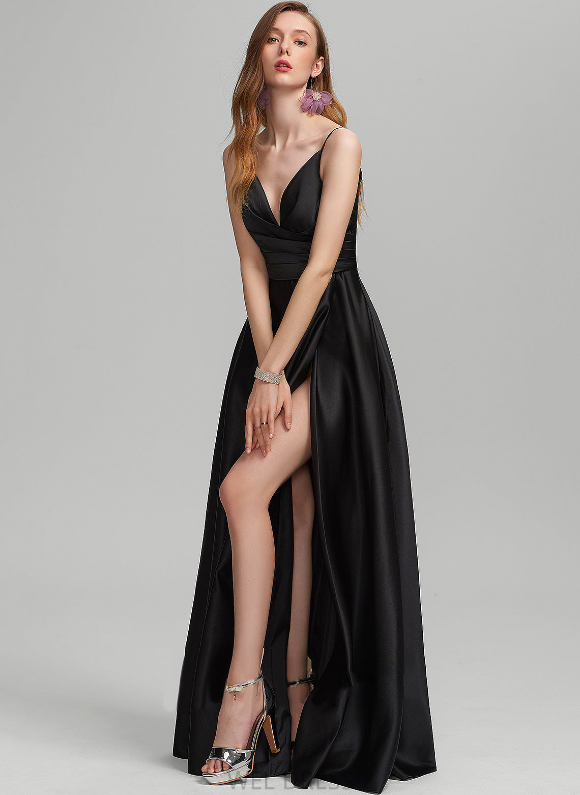 Annabelle With A-Line Front V-neck Floor-Length Split Satin Prom Dresses Ruffle