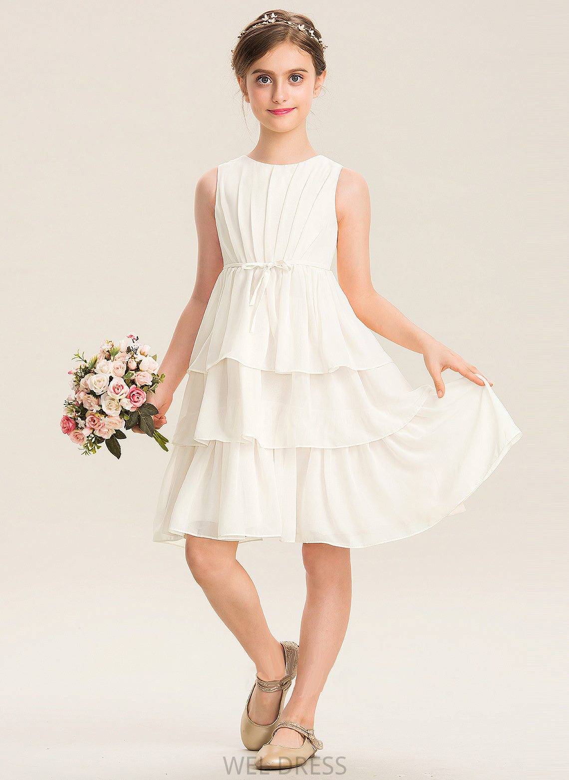 A-Line Knee-Length Ruffles Neck Junior Bridesmaid Dresses Chiffon Bow(s) With Cascading Alice Scoop