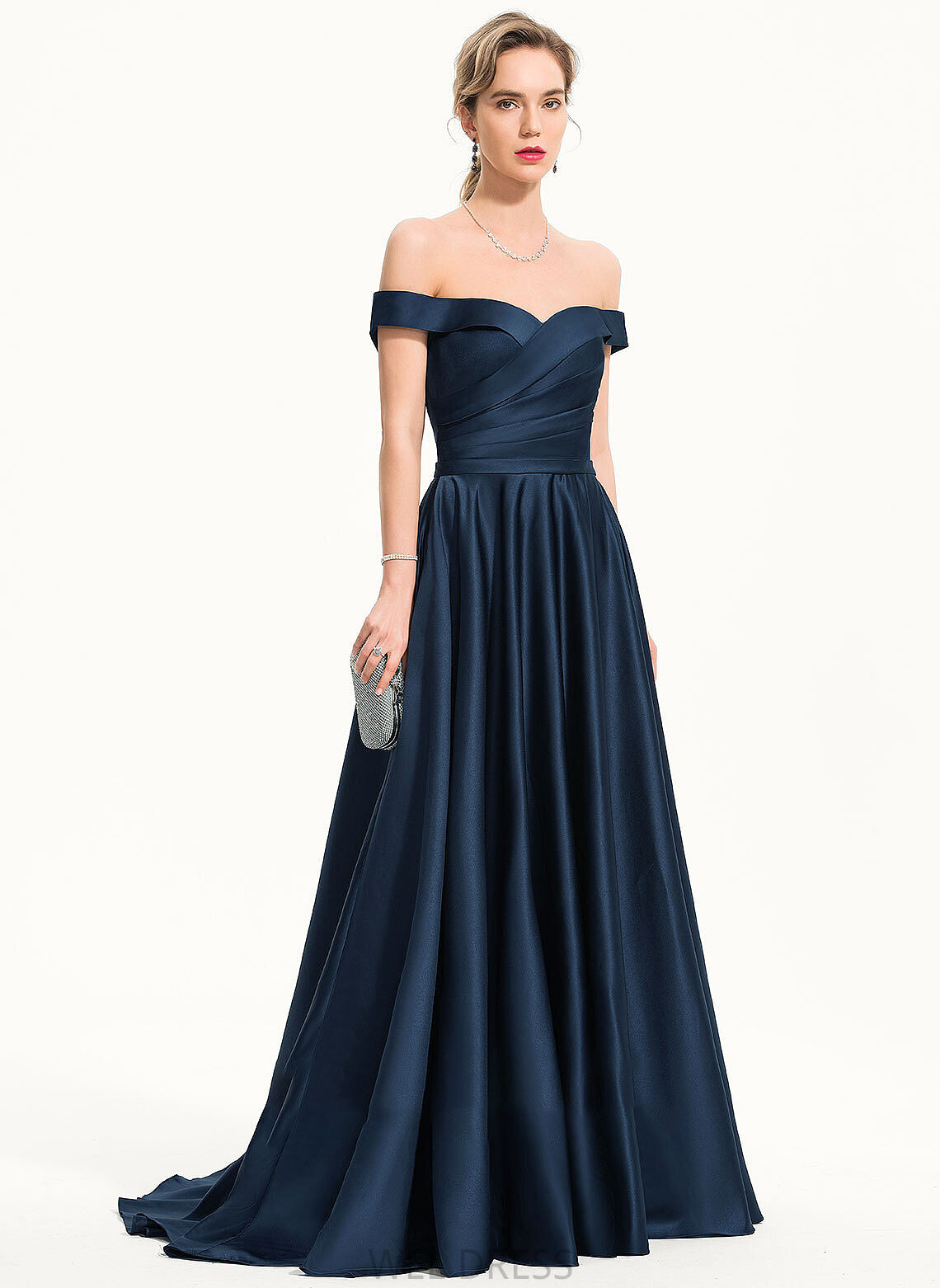 Satin With Sweep Off-the-Shoulder Train A-Line Shayla Pockets Prom Dresses