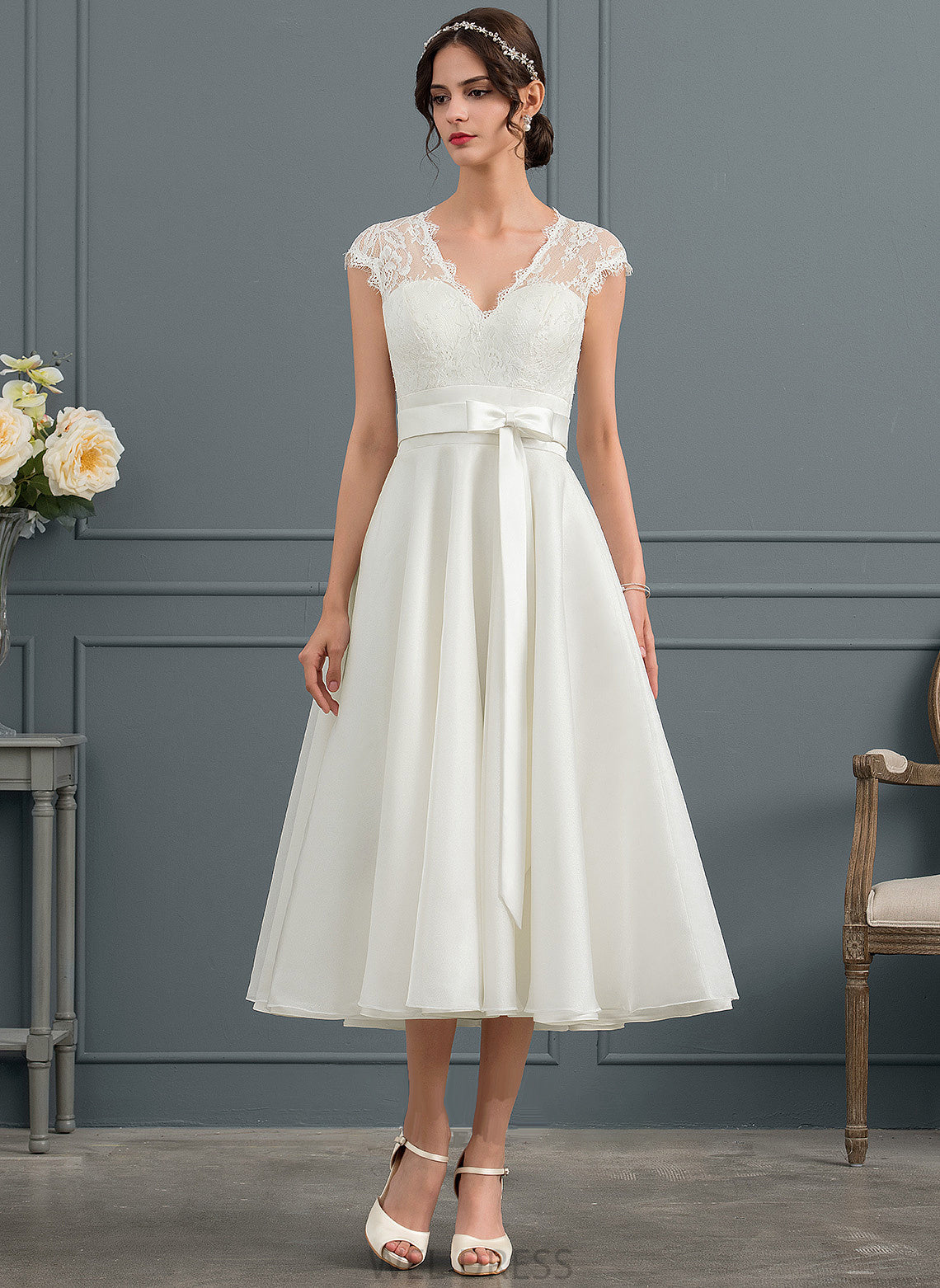 Bow(s) Dress Tea-Length Wedding Dresses Satin Alyvia V-neck With Wedding A-Line