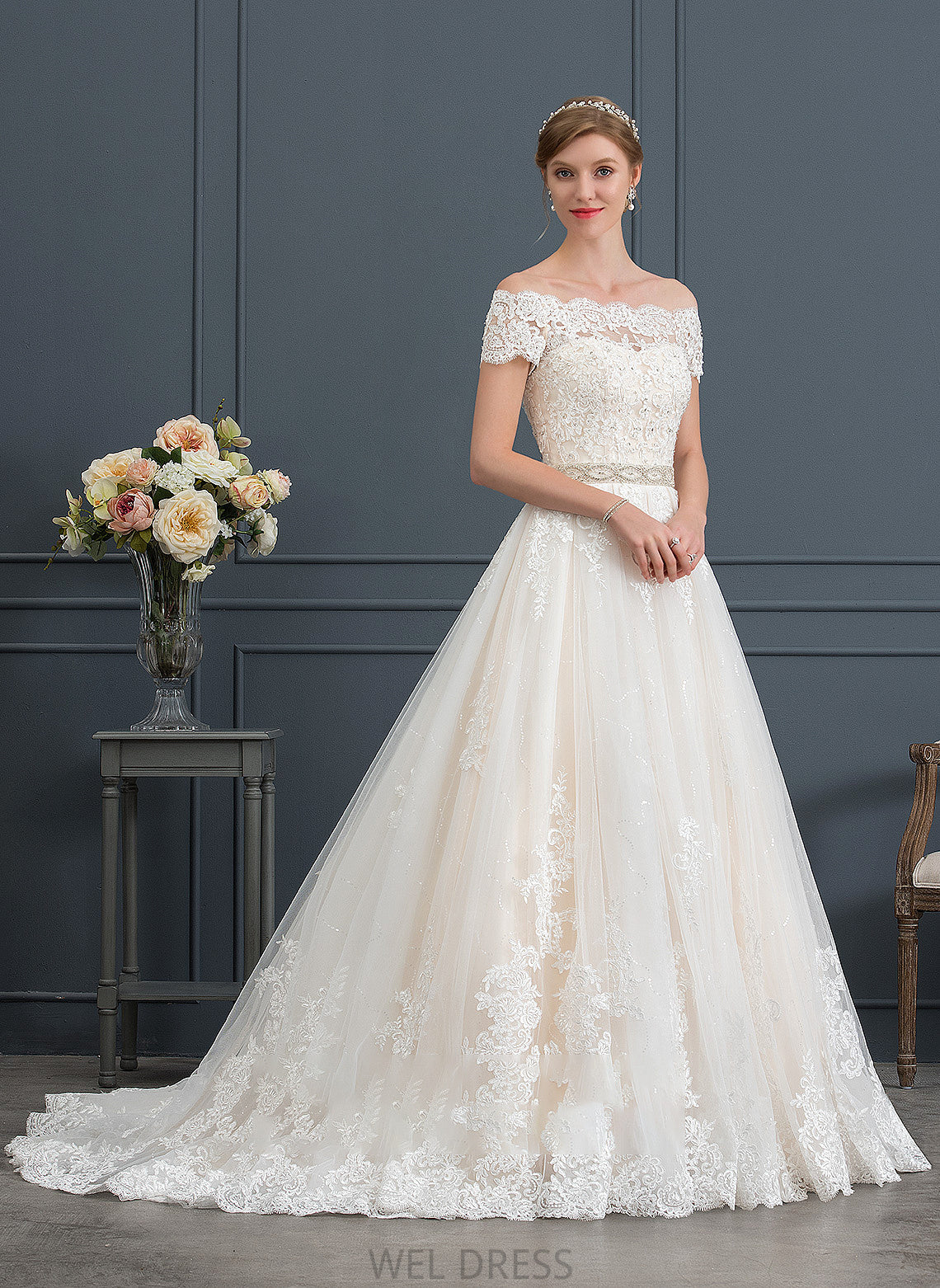 Court Sequins Wedding Dresses With Wedding Ball-Gown/Princess Beading Lilliana Train Tulle Dress