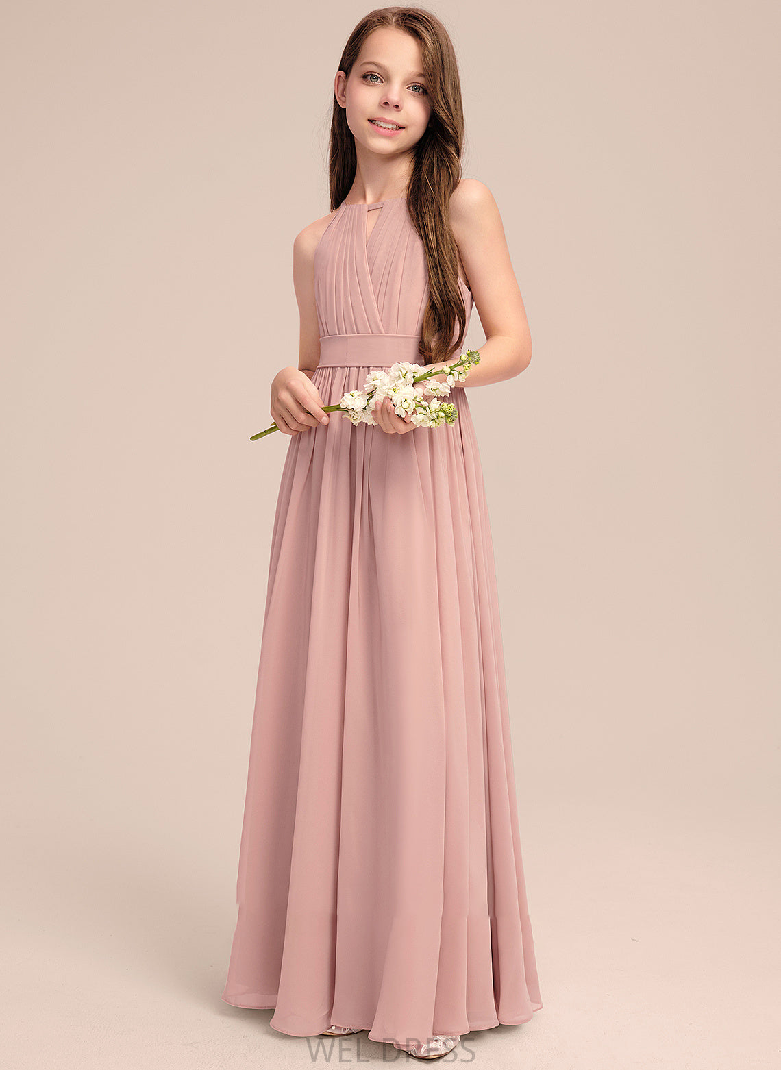 Junior Bridesmaid Dresses Bow(s) Neck A-Line Lacey Floor-Length With Chiffon Scoop Ruffle