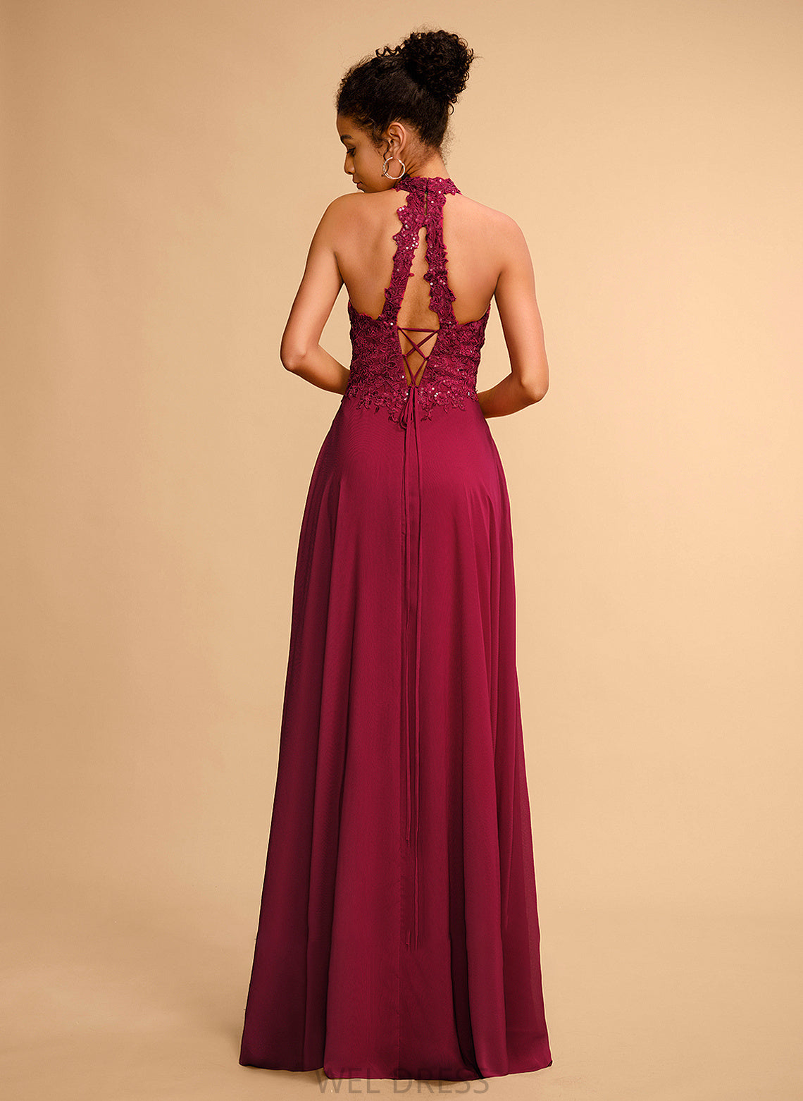 Halter Floor-Length Lace Prom Dresses Chiffon A-Line Sequins Vivian With