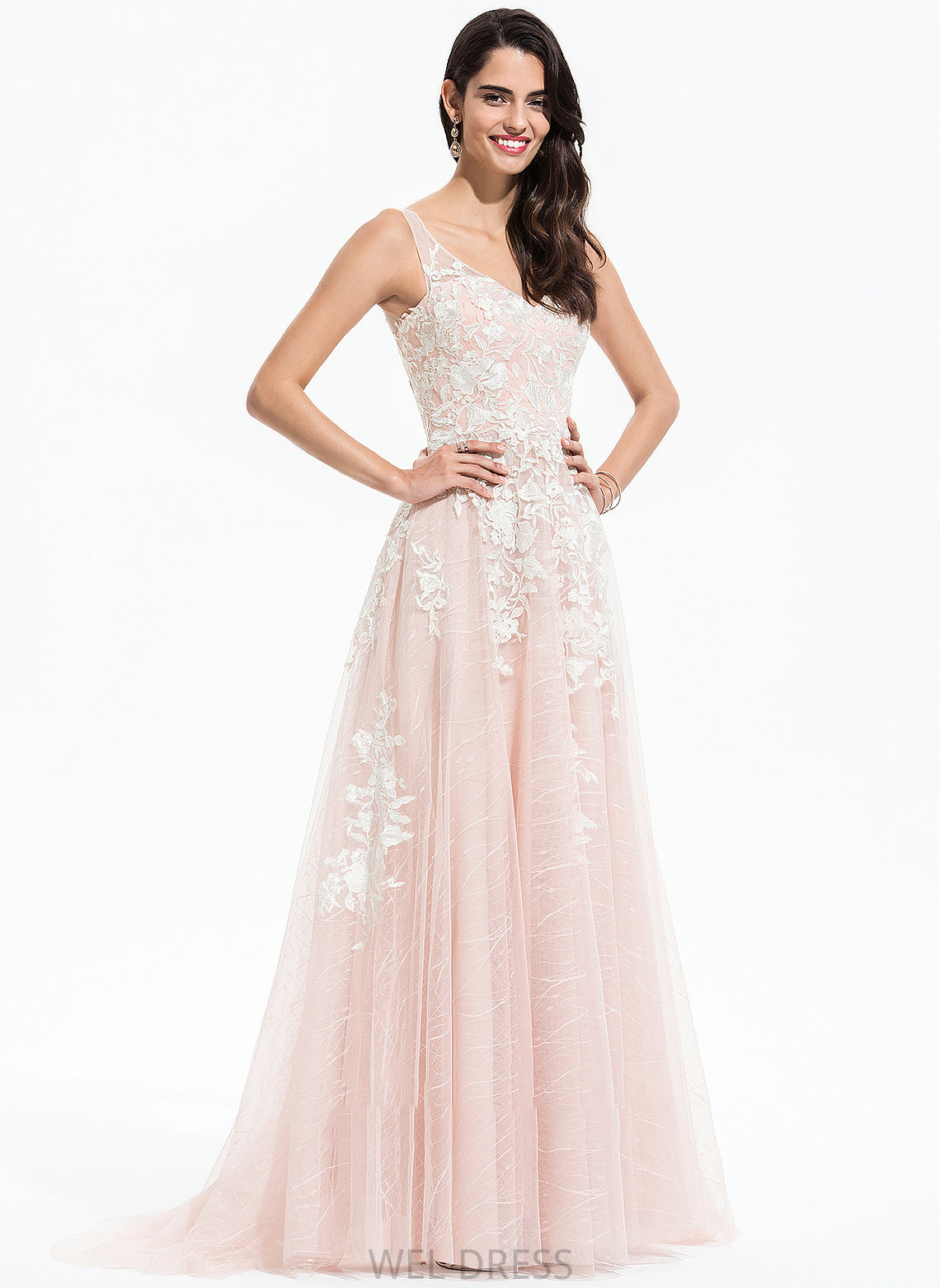 Skyla A-Line Wedding Wedding Dresses V-neck Lace Train Tulle Sweep Dress With