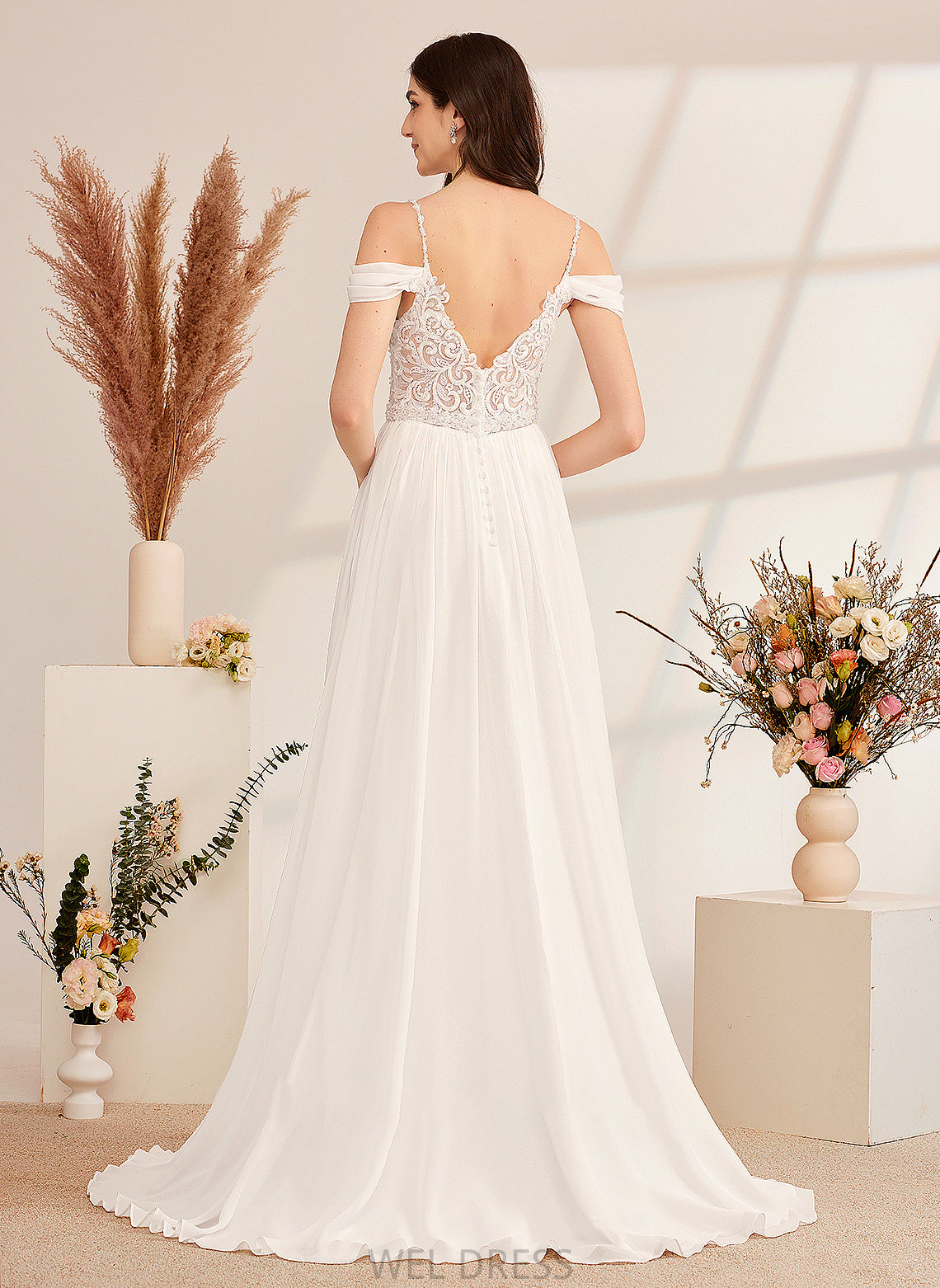 Train Wedding Dresses With Wedding A-Line Sweep Sequins Dress V-neck Rosemary Beading
