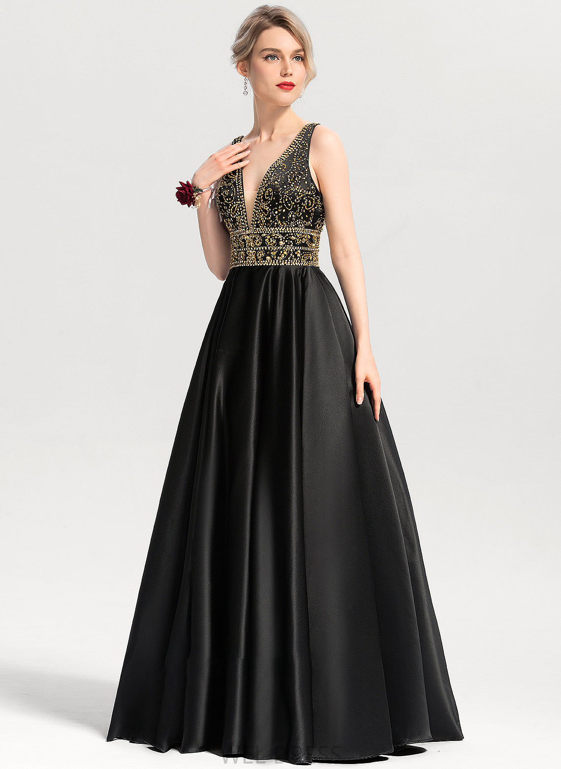 Prom Dresses Beading Floor-Length V-neck Satin With Rylie Sequins Ball-Gown/Princess