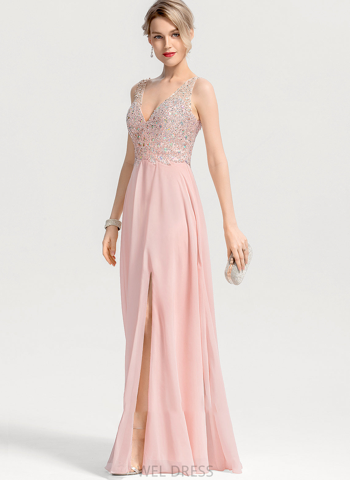 Chiffon Floor-Length With Split Beading Sequins A-Line V-neck Front Kaitlyn Prom Dresses