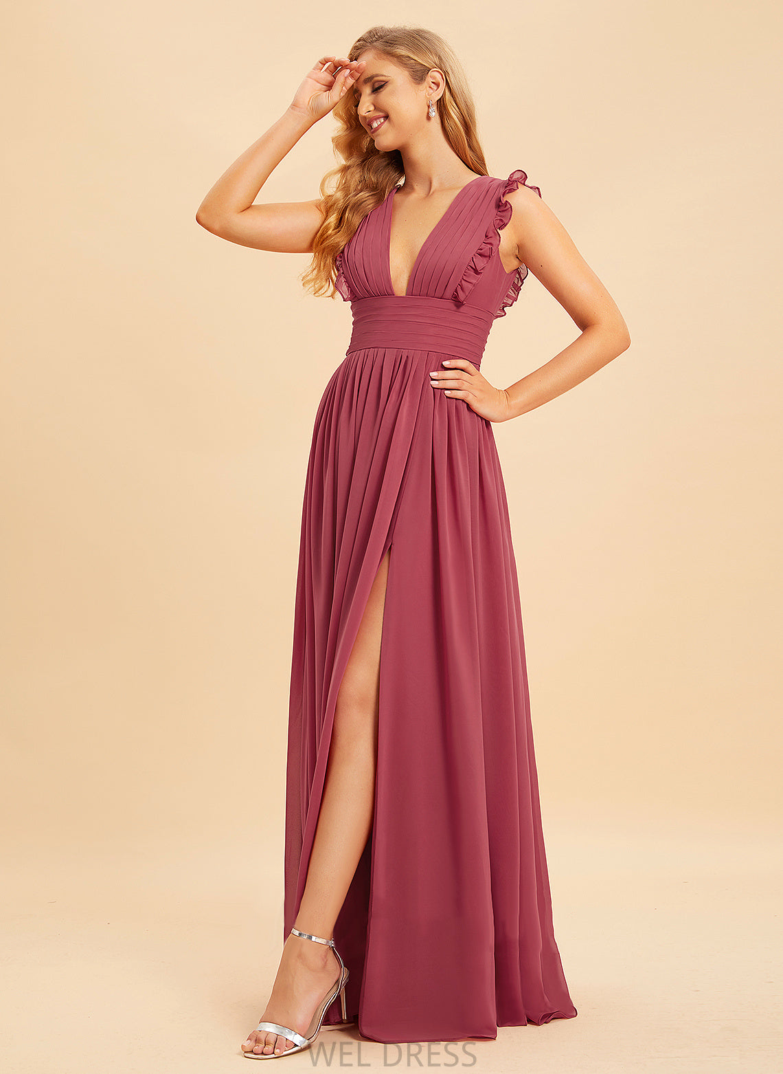 V-neck Length Silhouette Ruffle Embellishment Fabric A-Line Floor-Length Neckline SplitFront Siena V-Neck Bridesmaid Dresses