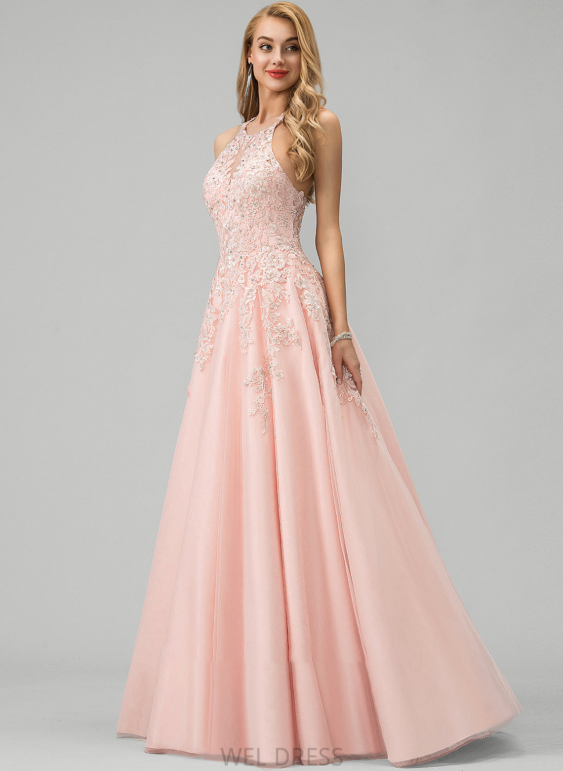 Prom Dresses Ball-Gown/Princess Lace Neck Beading Tulle With Scoop Yasmine Sequins Floor-Length