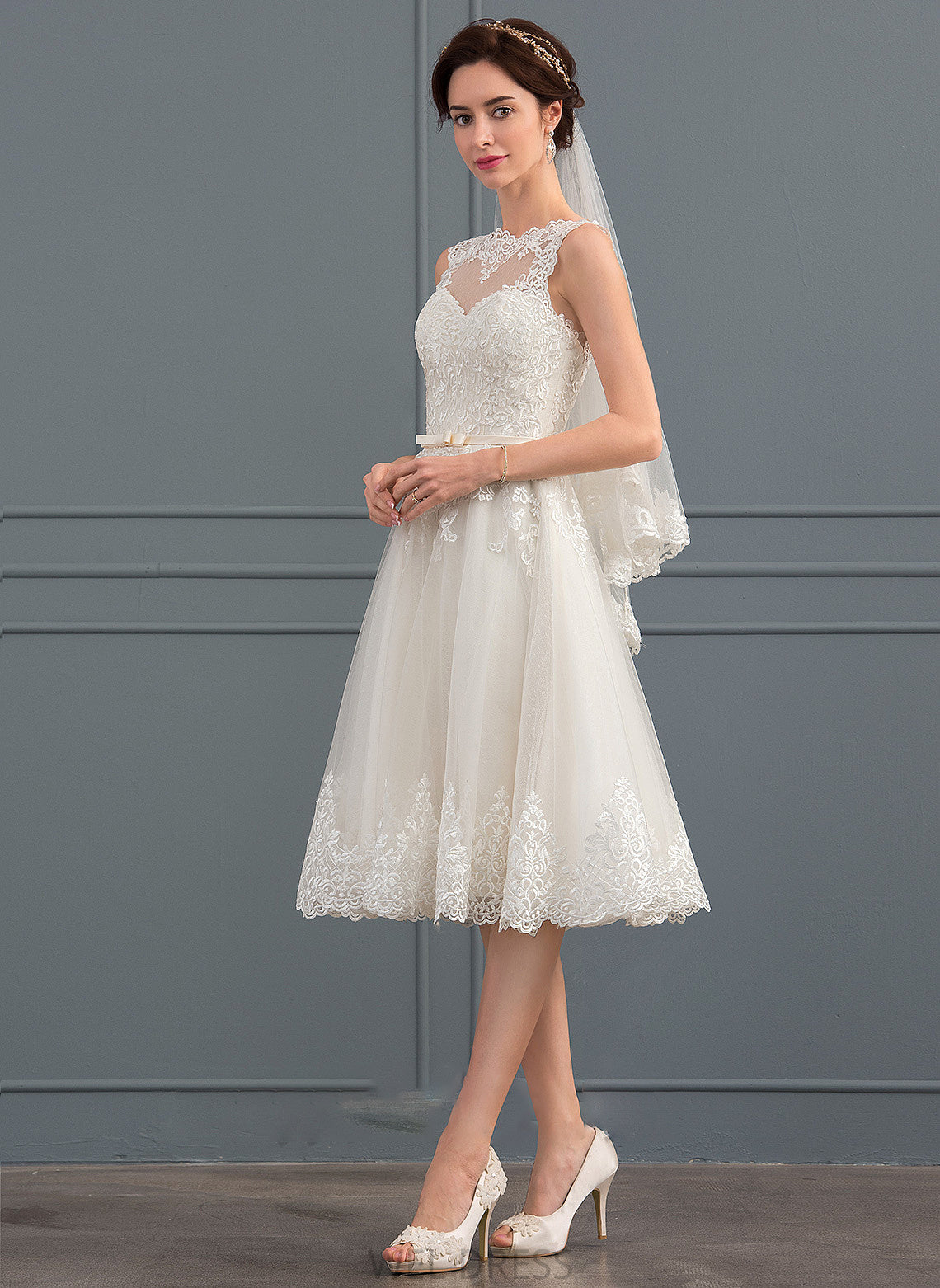 Bow(s) Megan Knee-Length With Illusion A-Line Tulle Wedding Wedding Dresses Dress