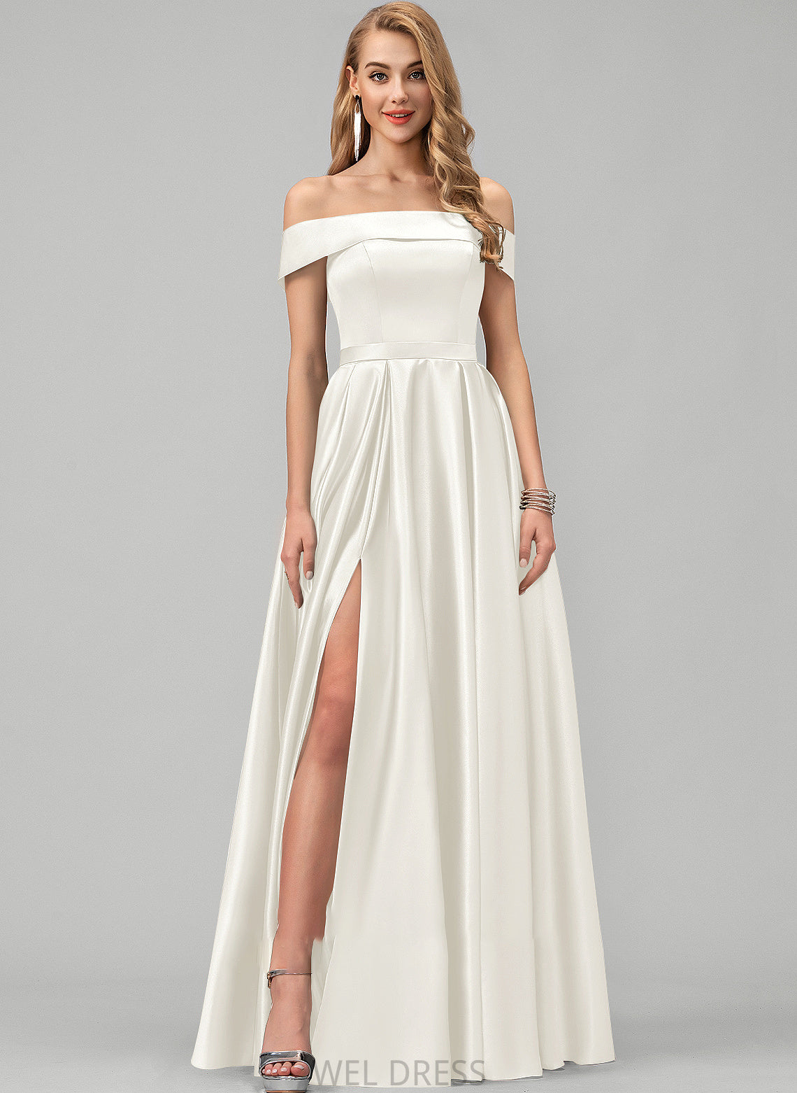 With Ball-Gown/Princess Ciara Split Pockets Floor-Length Dress Wedding Dresses Wedding Off-the-Shoulder Front Satin