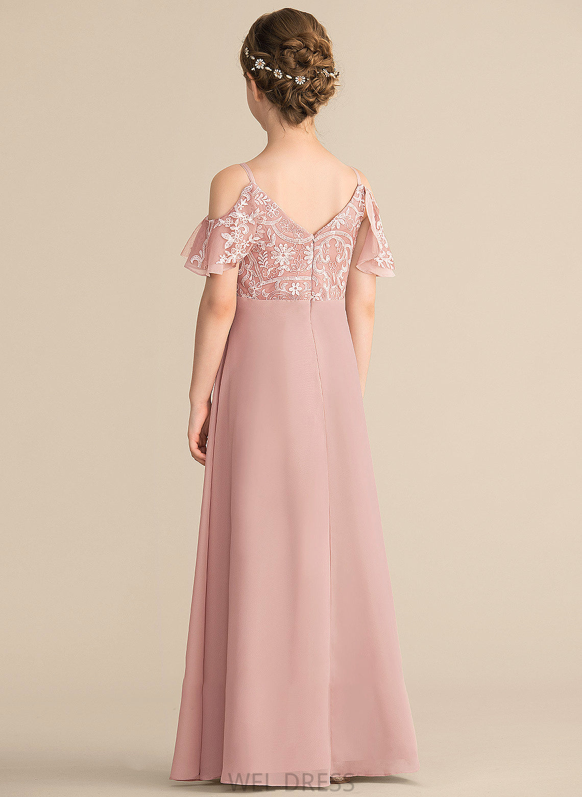 Floor-Length Caitlyn V-neck Junior Bridesmaid Dresses A-Line Chiffon Lace