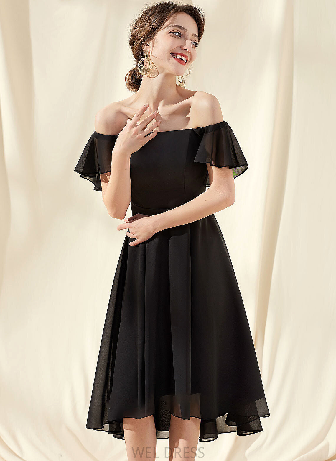 Fabric Length Silhouette Embellishment CascadingRuffles Asymmetrical Off-the-Shoulder Neckline A-Line Kenzie Natural Waist Floor Length