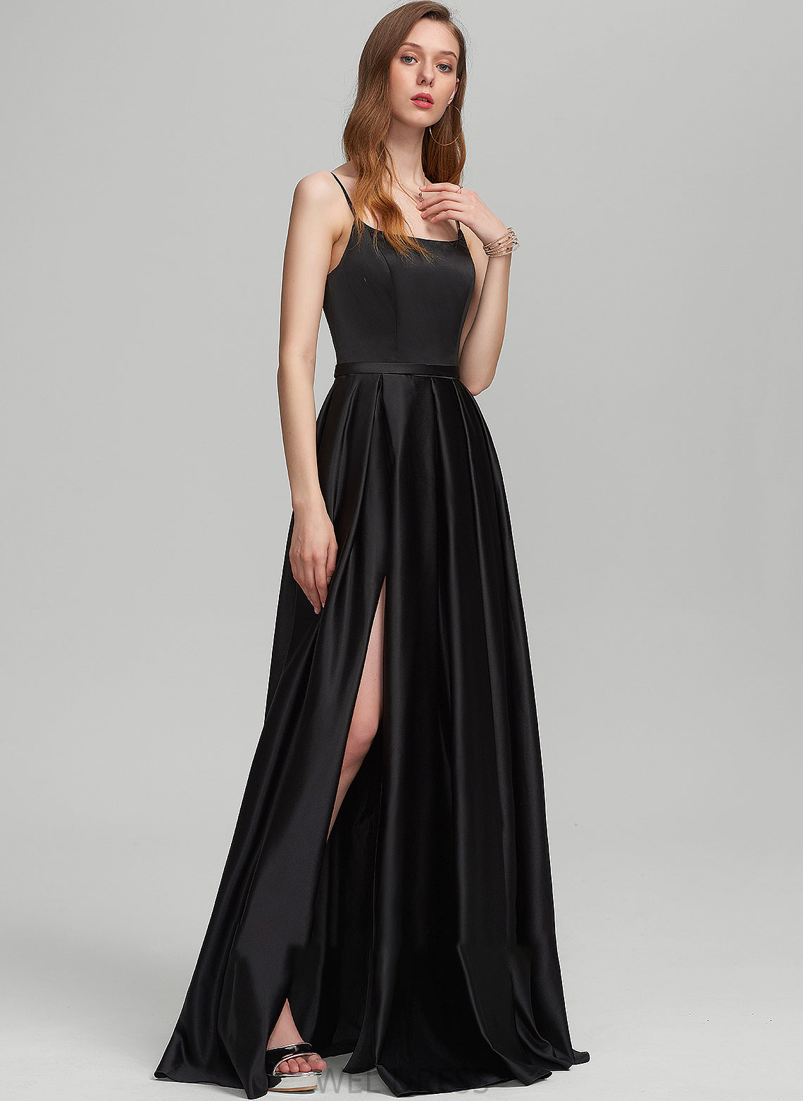 Floor-Length With A-Line Front Split Pockets Prom Dresses Karma Square Neckline Satin