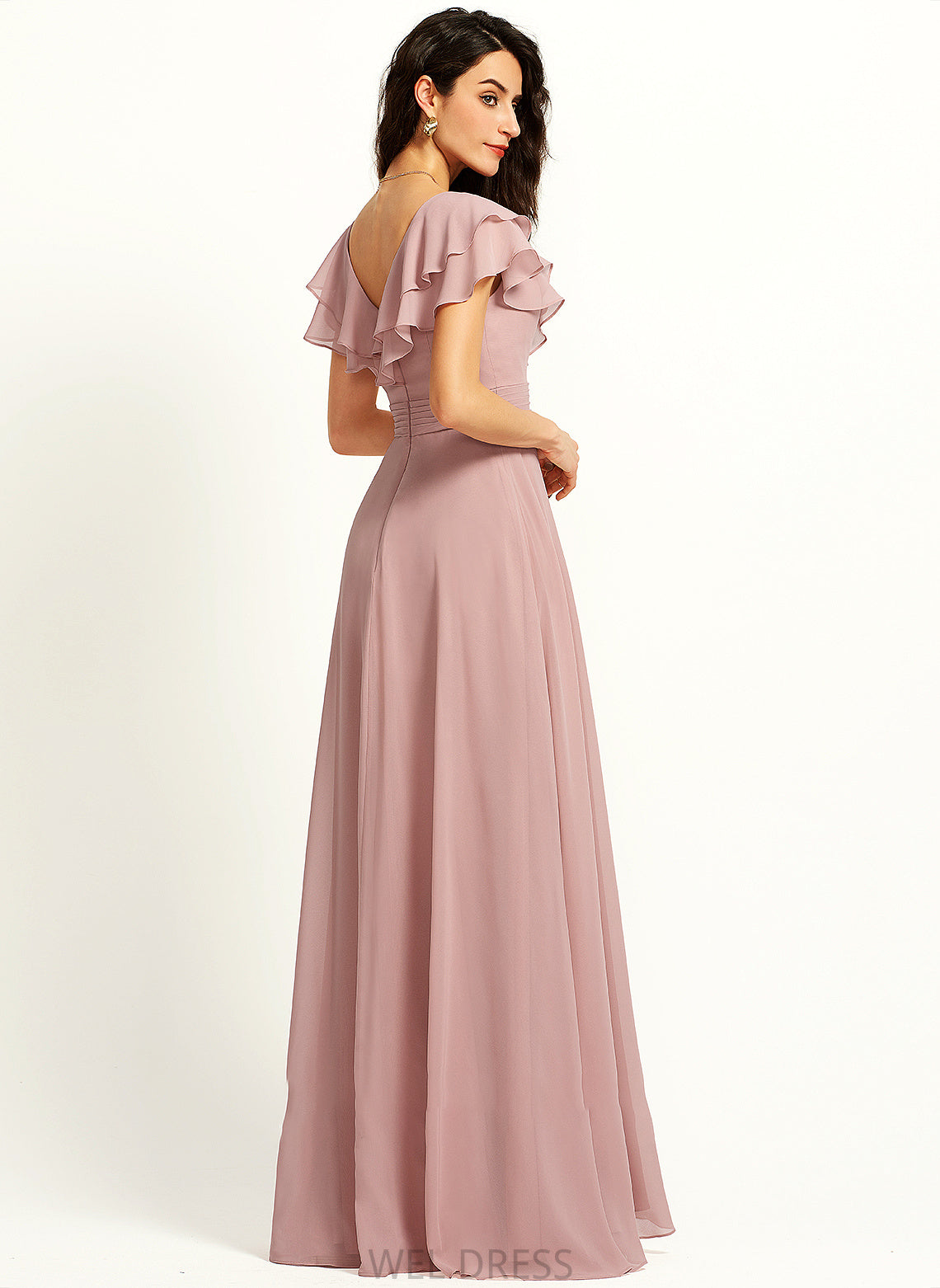 Fabric Ruffle V-neck A-Line Embellishment Neckline SplitFront Length Floor-Length Silhouette Chloe Halter