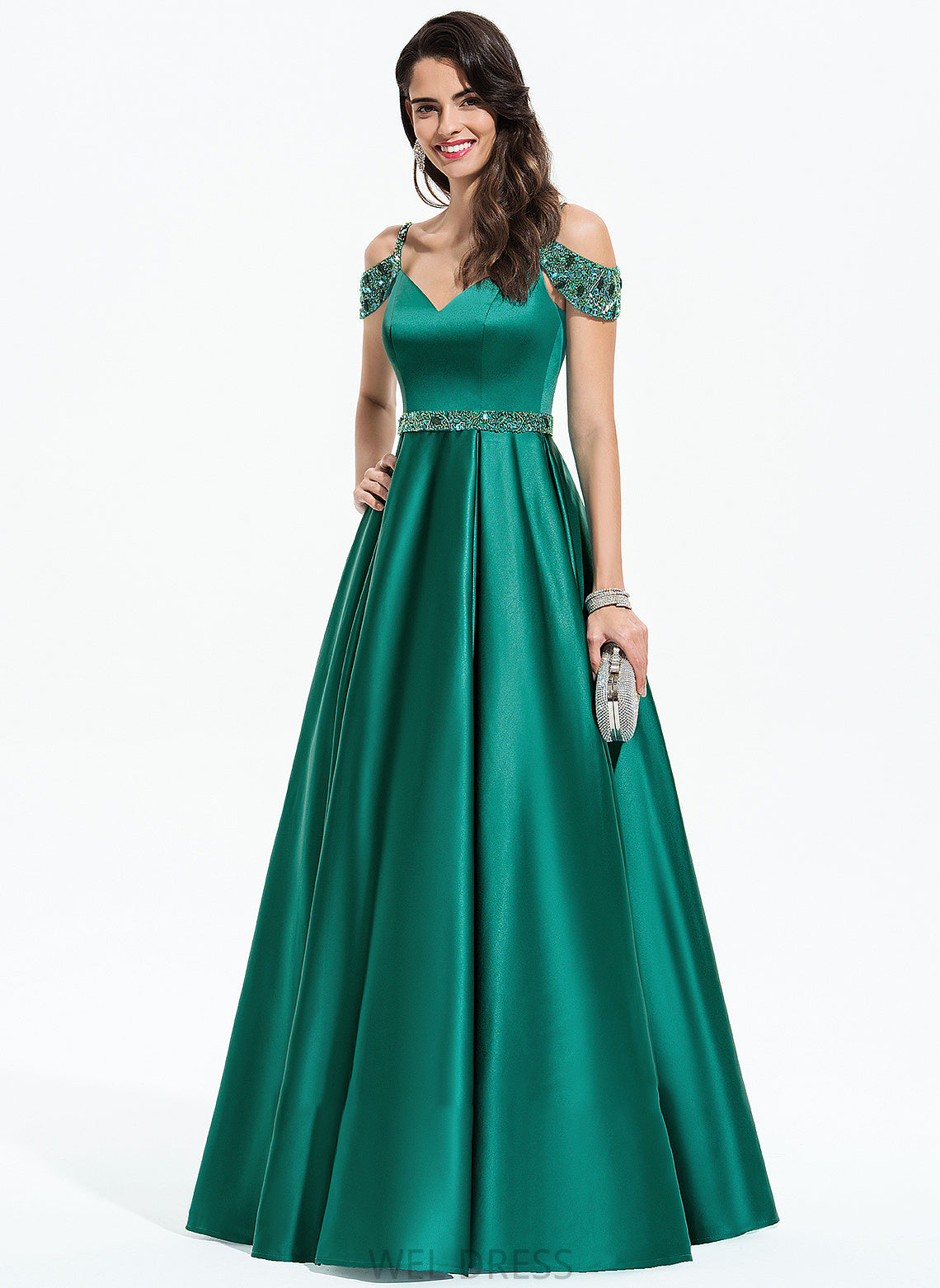 Esperanza Ball-Gown/Princess Prom Dresses Satin V-neck Floor-Length Sequins Beading With