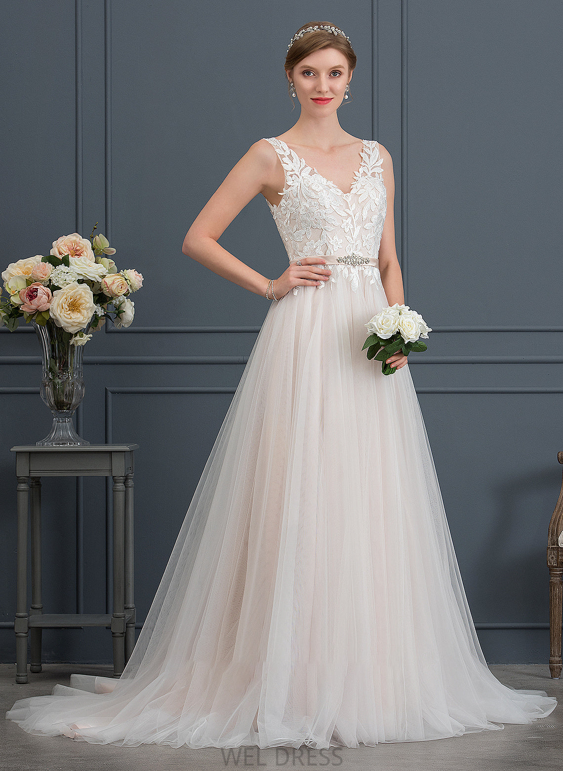 Train Tulle A-Line V-neck Liberty Beading Court With Dress Wedding Dresses Wedding