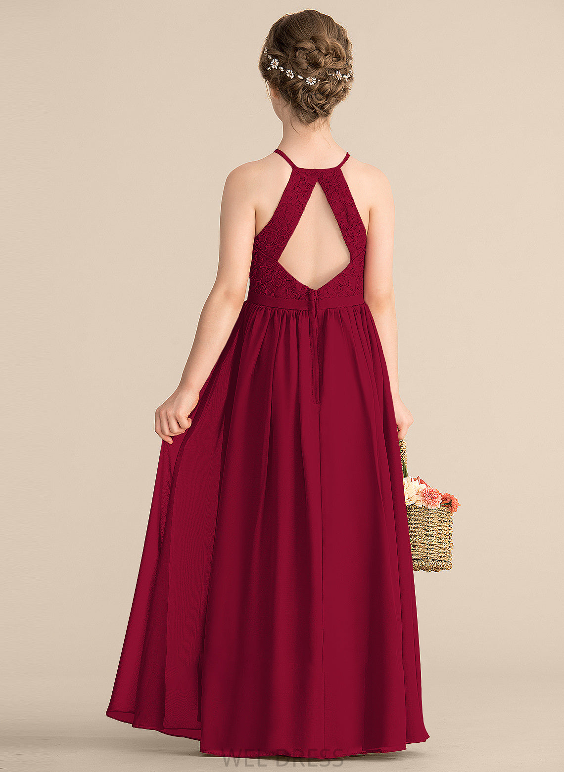 A-Line Junior Bridesmaid Dresses Lace With Floor-Length Split Chiffon Front Scoop Marin Neck