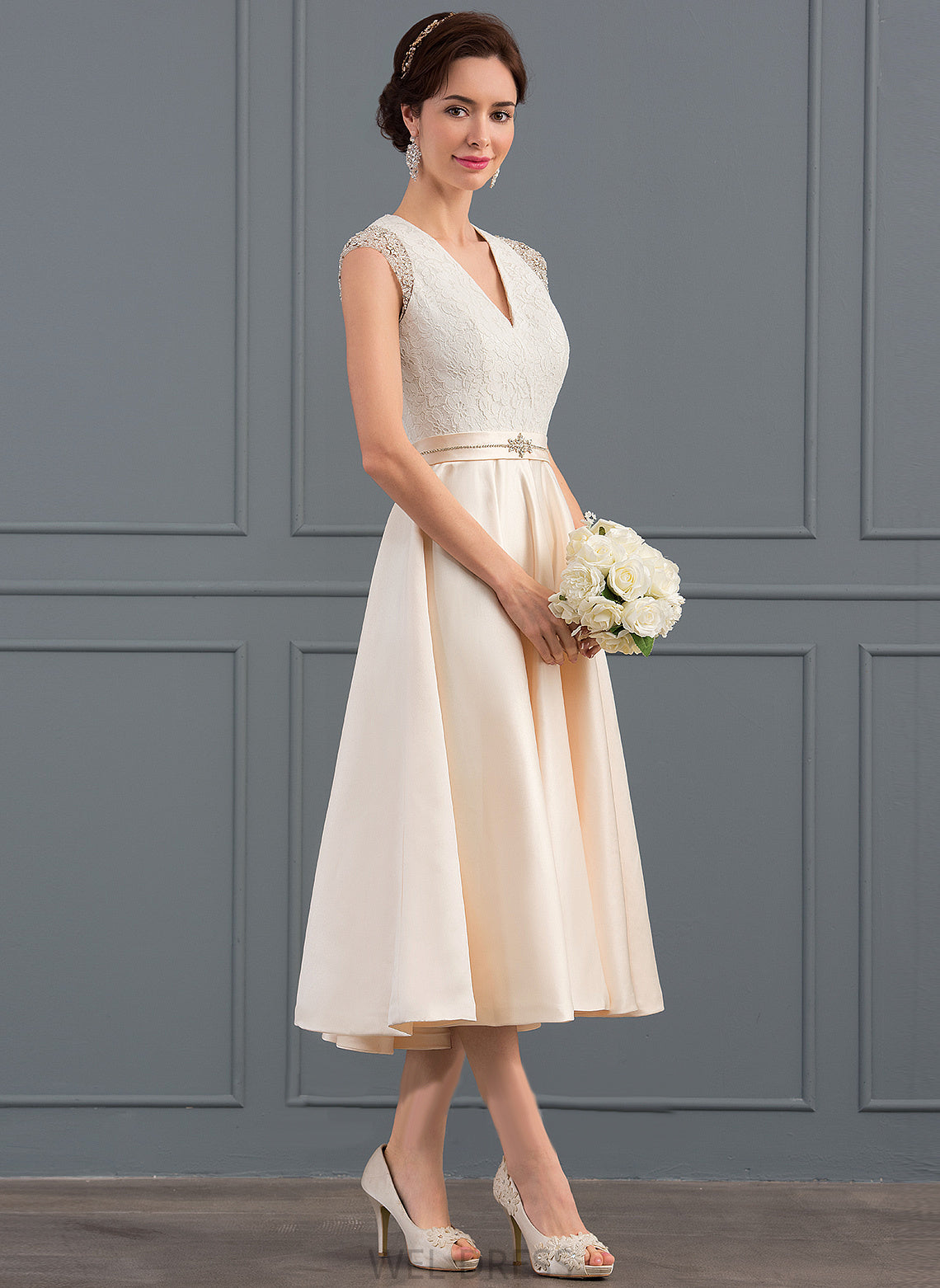 A-Line Samara With Wedding Dresses Dress Tea-Length V-neck Satin Beading Wedding Sequins