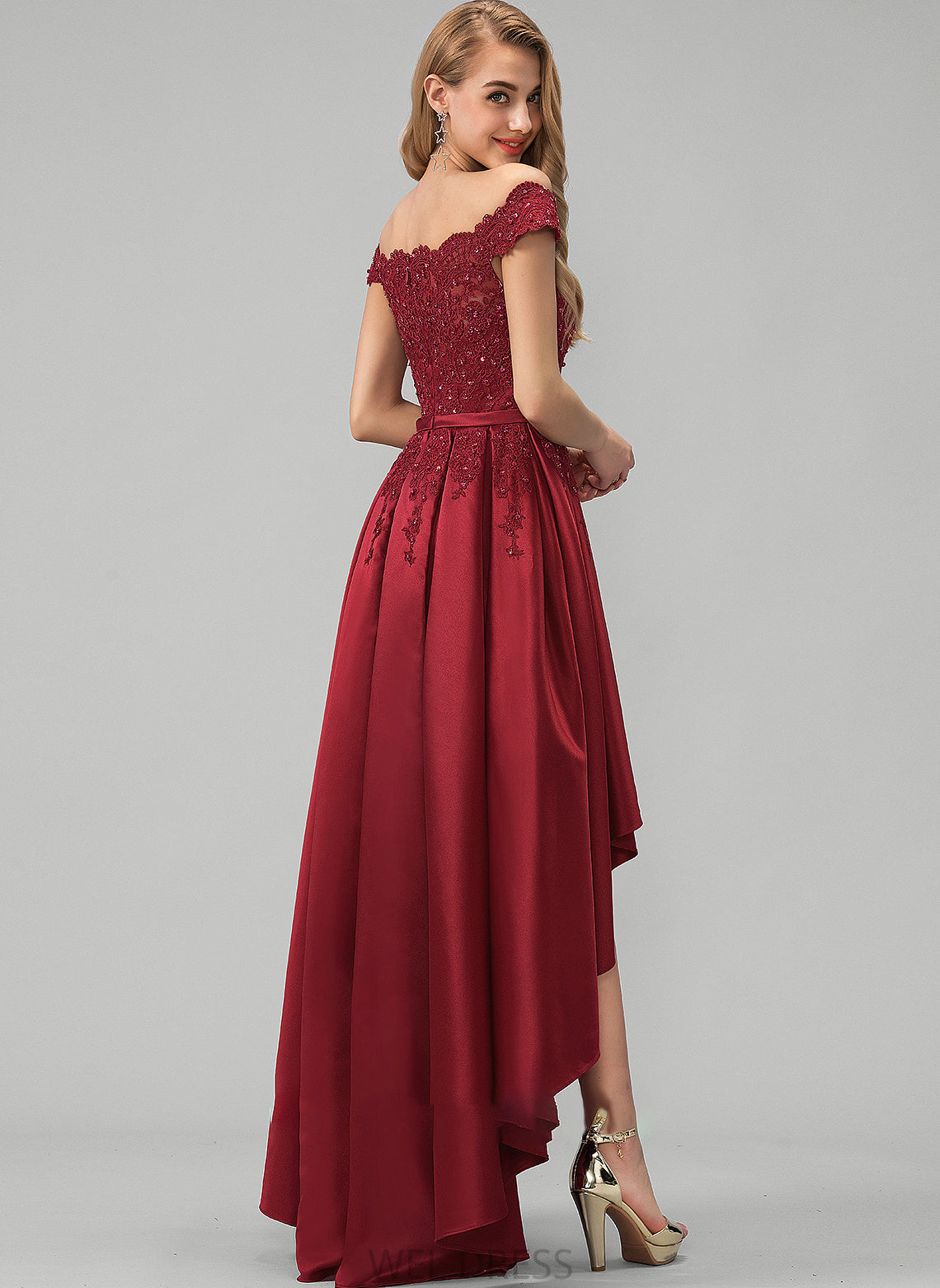 Sequins Ball-Gown/Princess Satin Asymmetrical Bow(s) Off-the-Shoulder With Prom Dresses Lace Destiny Beading
