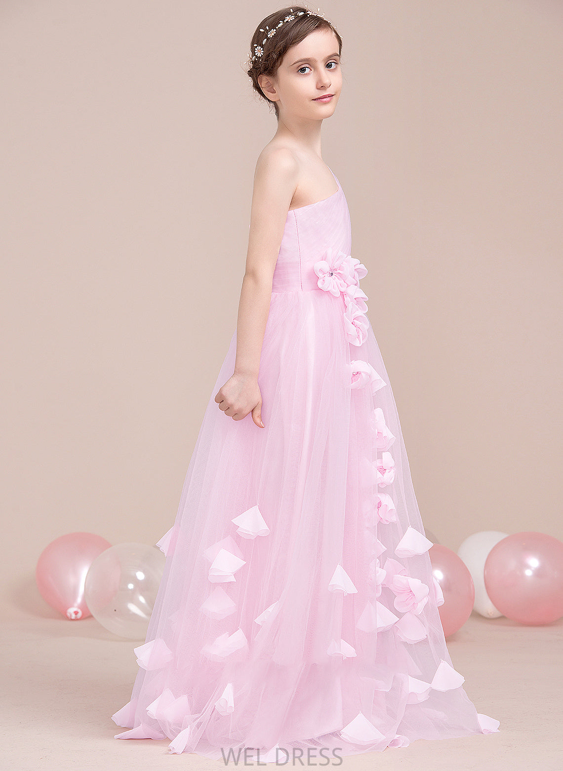 Floor-Length With Mercedes A-Line Flower(s) Junior Bridesmaid Dresses Tulle One-Shoulder Ruffle