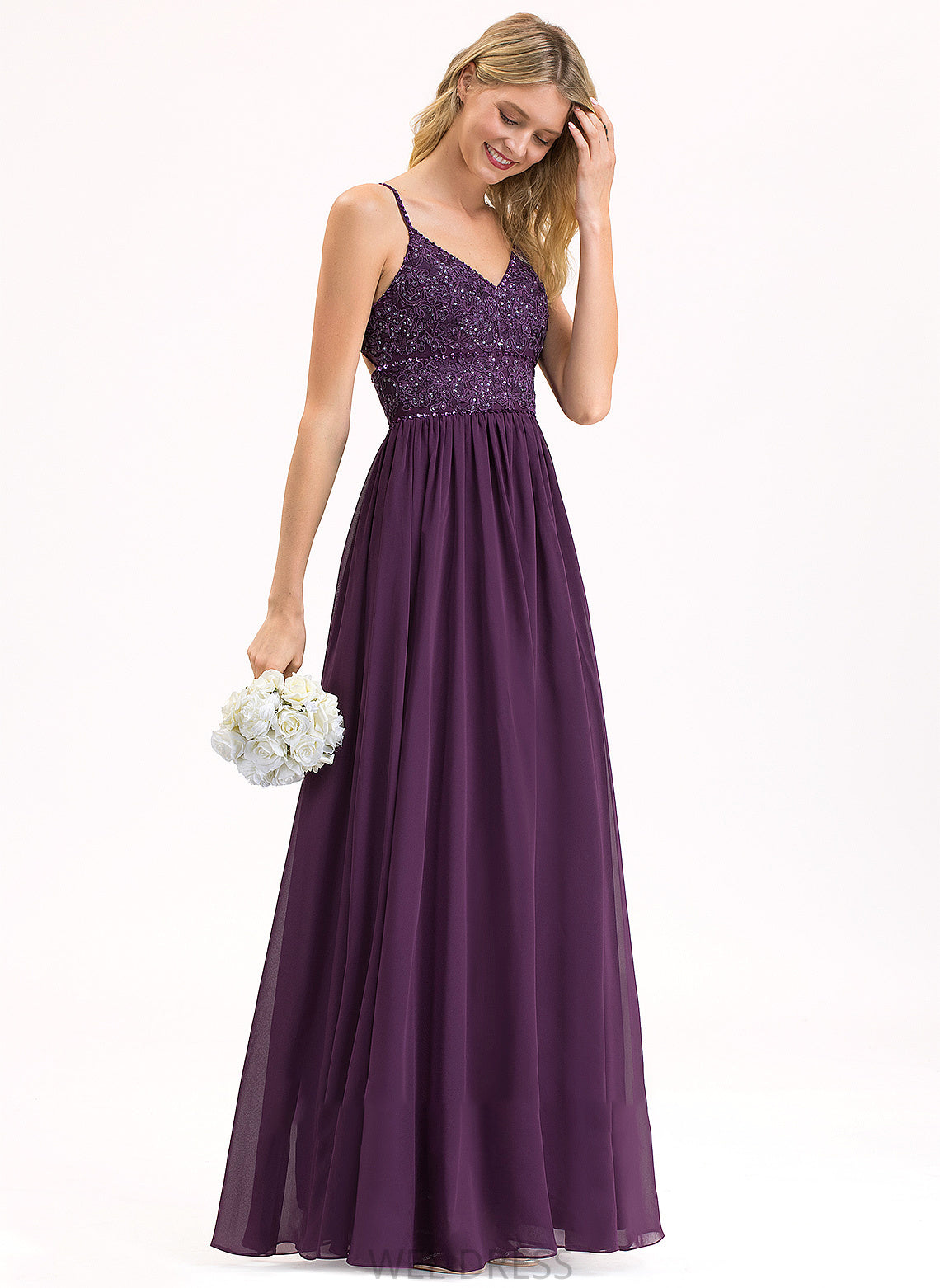 Sequins V-neck With Beading Prom Dresses Floor-Length Miley Chiffon Lace A-Line