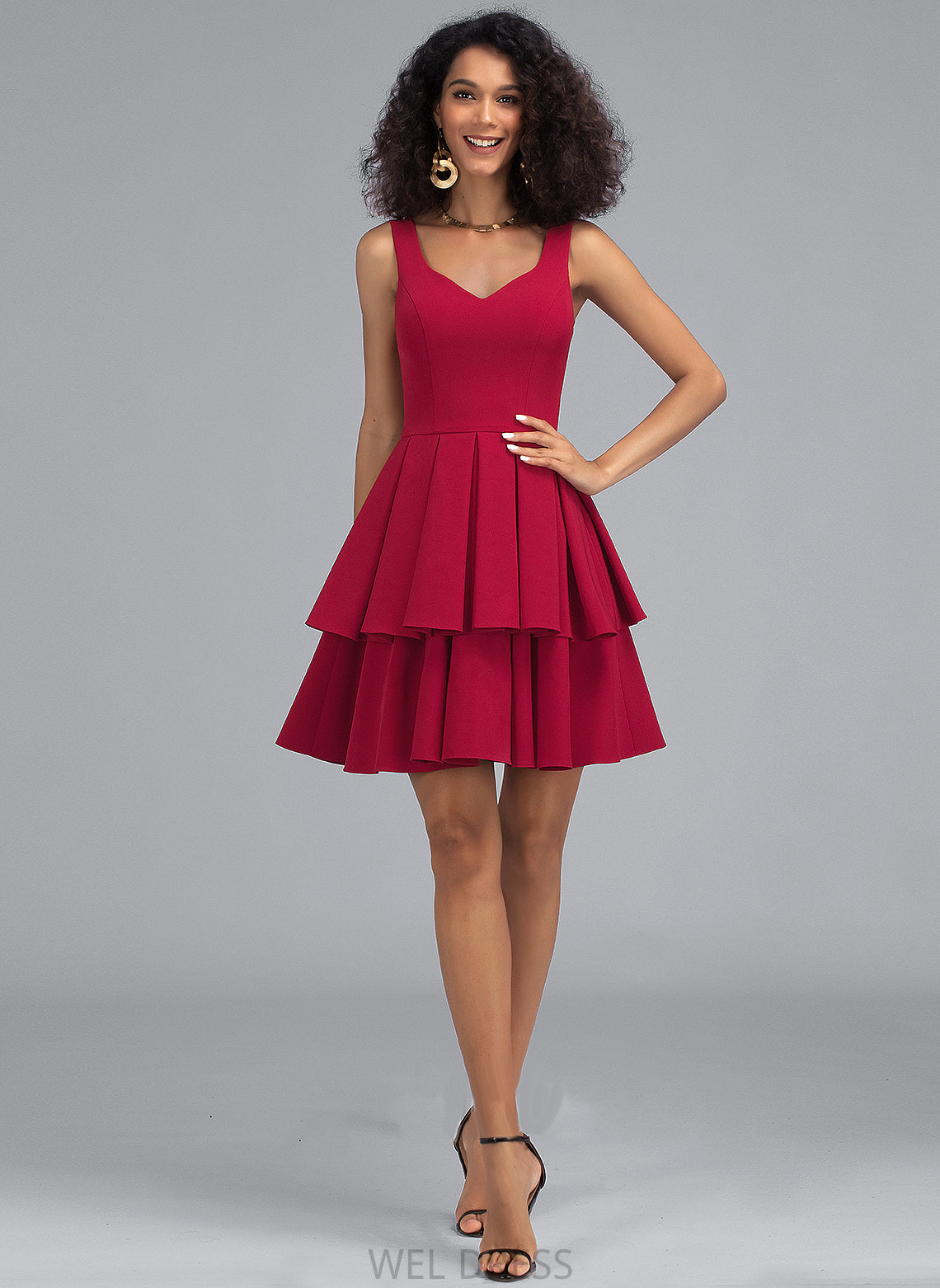 Crepe Homecoming Ruffles A-Line Dress Stretch Short/Mini With Hilary Homecoming Dresses Cascading V-neck