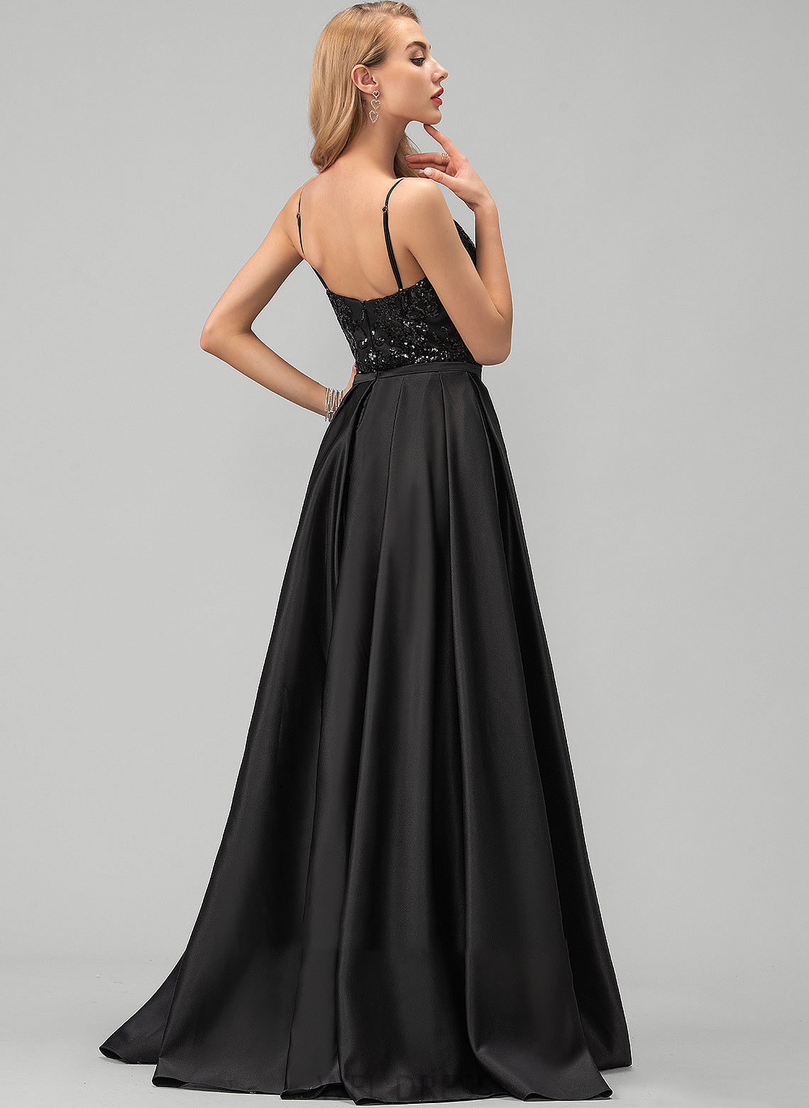 V-neck Satin Floor-Length With April A-Line Prom Dresses Sequins