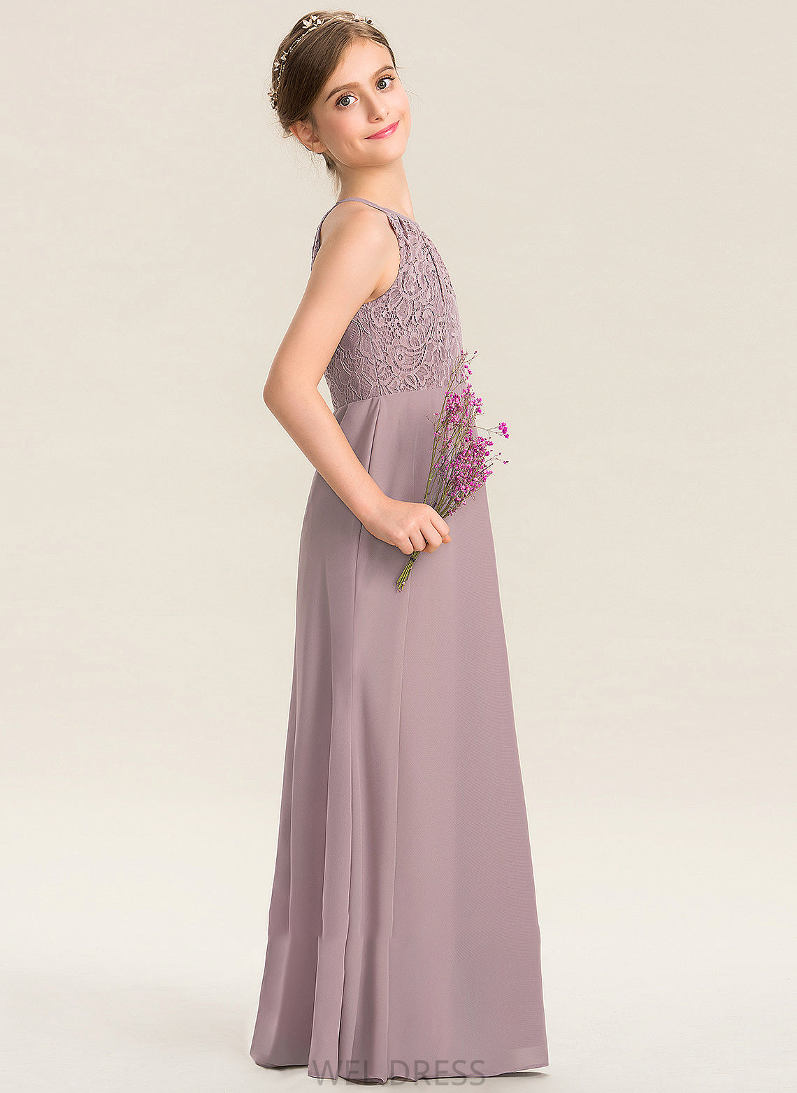 Lauryn Junior Bridesmaid Dresses A-LineScoopNeckFloor-LengthChiffonLaceJuniorBridesmaidDressWithRuffle#173272