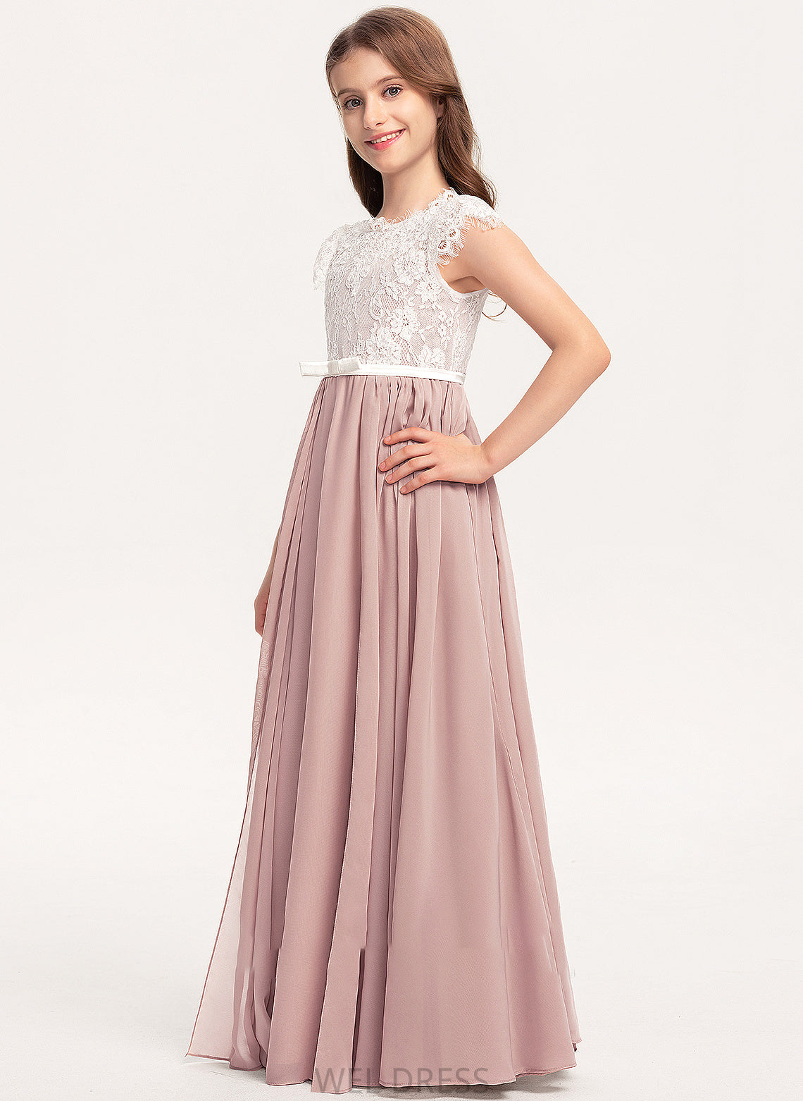 Floor-Length Chiffon Junior Bridesmaid Dresses Lace Violet Bow(s) A-Line Neck With Scoop