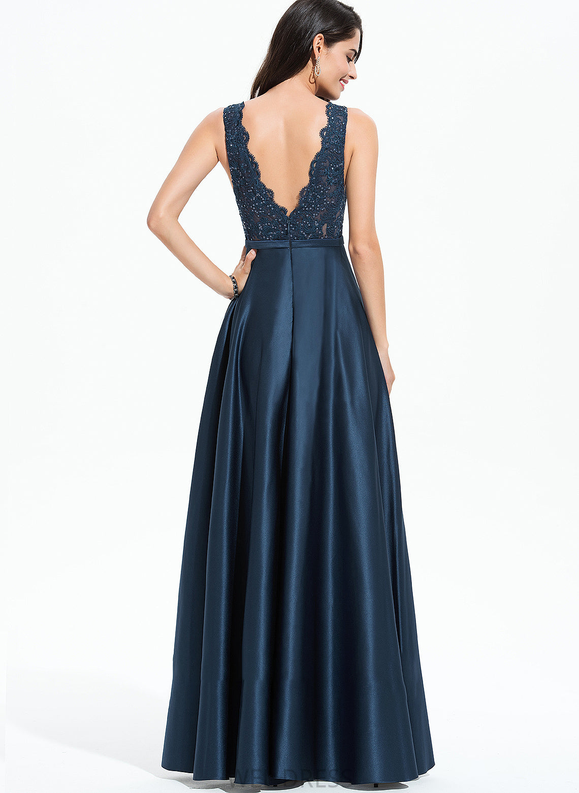Split Scarlett Floor-Length Satin Lace V-neck Prom Dresses With Pockets Sequins Front A-Line
