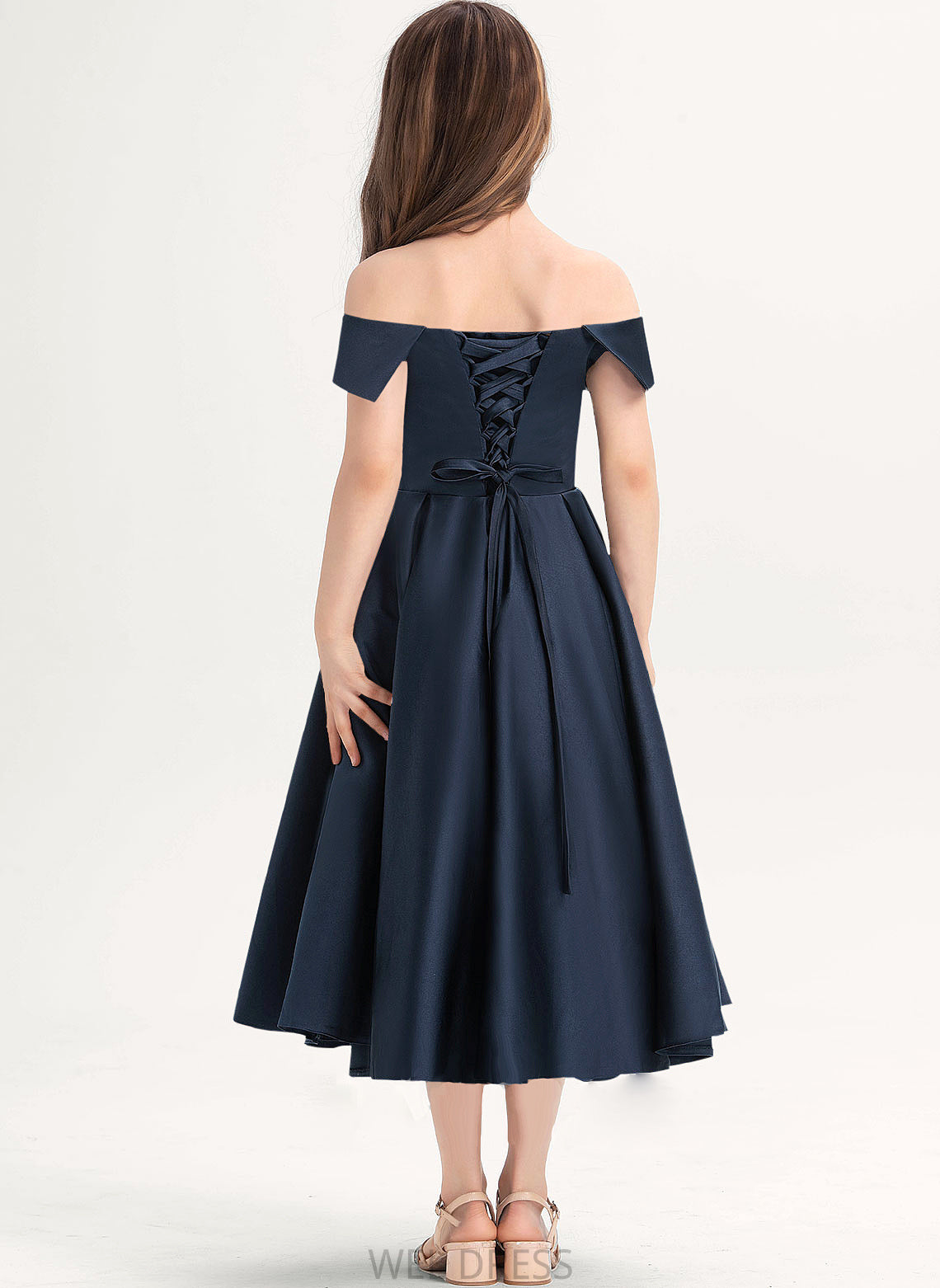 Pockets Sarah Off-the-Shoulder Tea-Length Satin Junior Bridesmaid Dresses With A-Line Ruffle