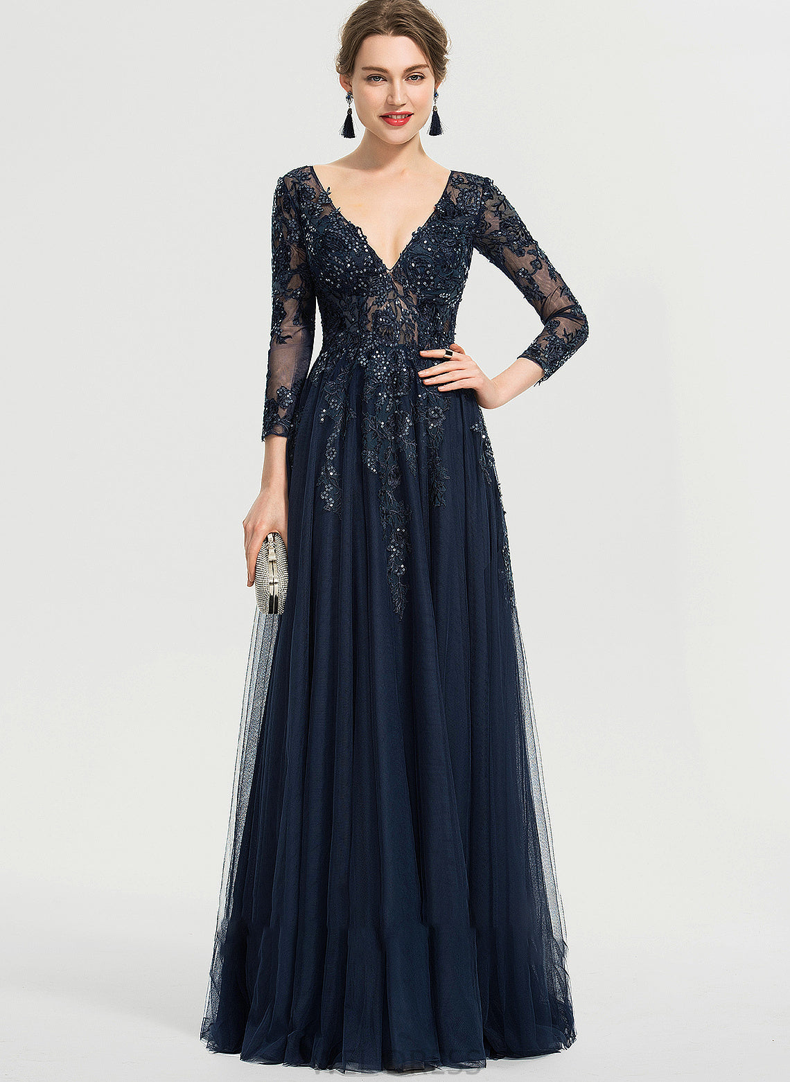 Floor-Length With Sequins Giada V-neck Prom Dresses A-Line Tulle