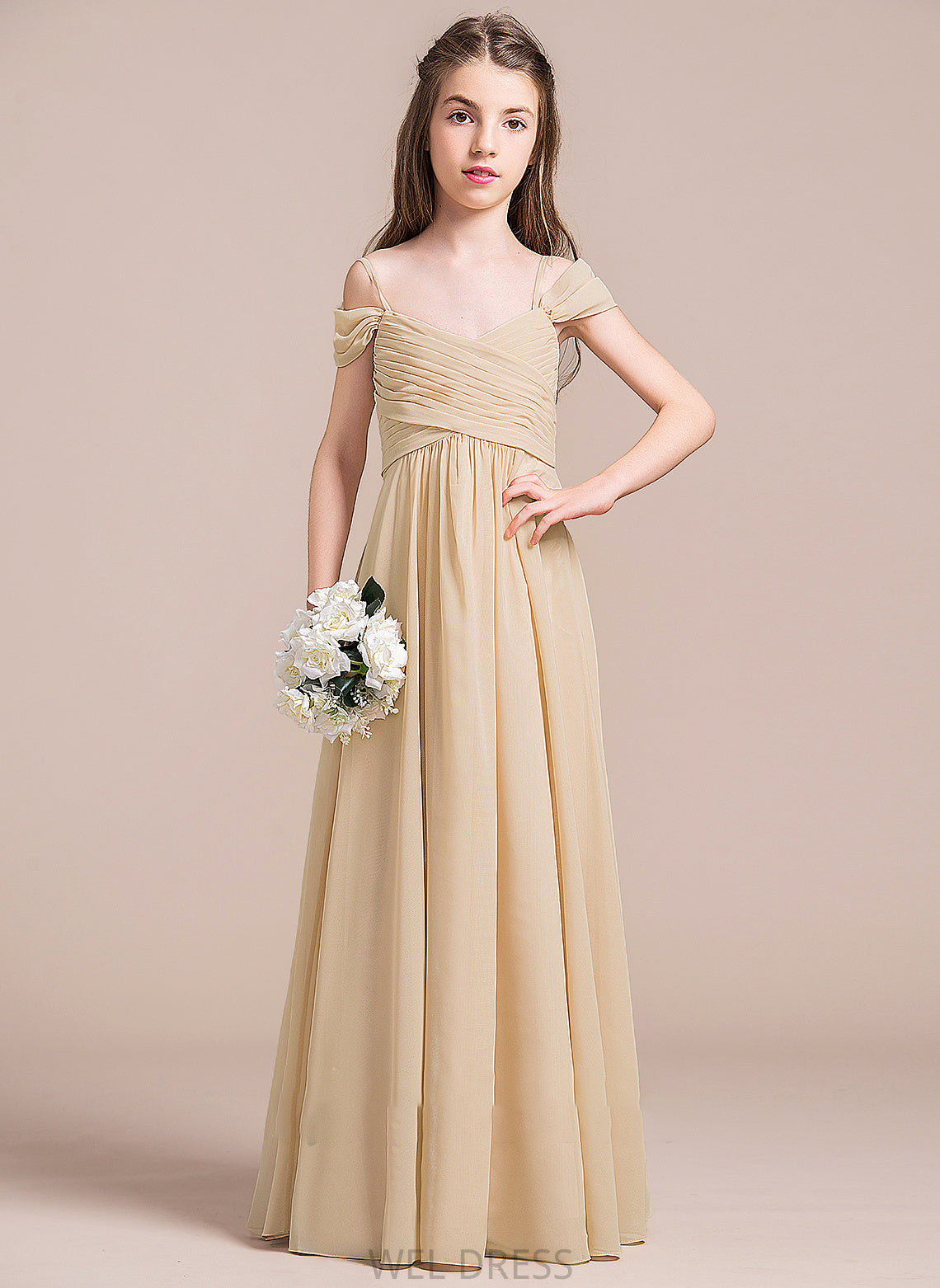 Ruffle Laurel A-Line With Junior Bridesmaid Dresses Off-the-Shoulder Chiffon Floor-Length