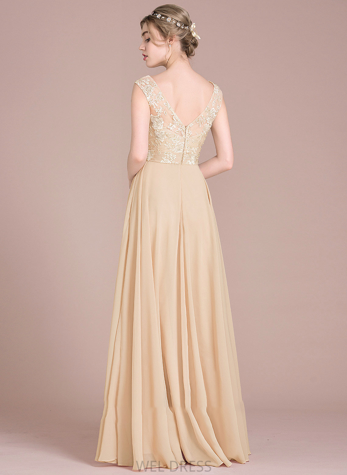 Floor-Length Edith Prom Dresses A-Line Chiffon V-neck Lace