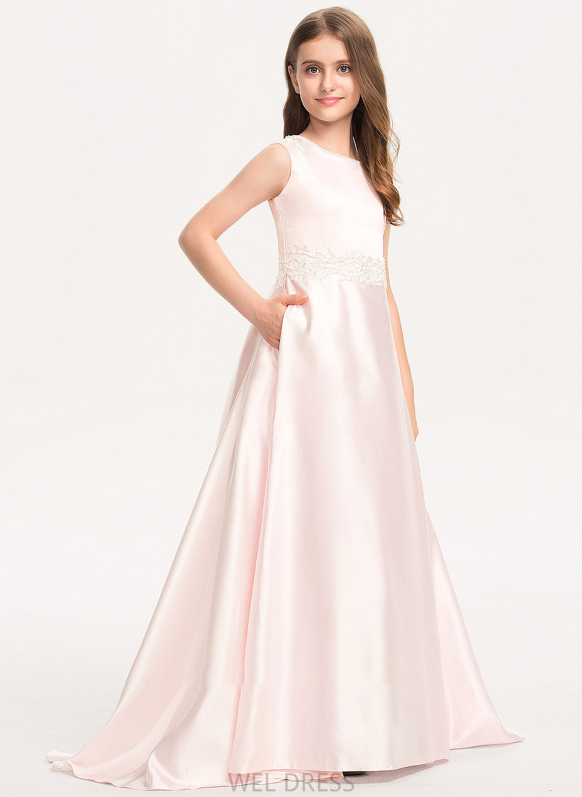 Train Bow(s) Scoop Sweep Junior Bridesmaid Dresses Heidy Neck Pockets Satin Lace A-Line With