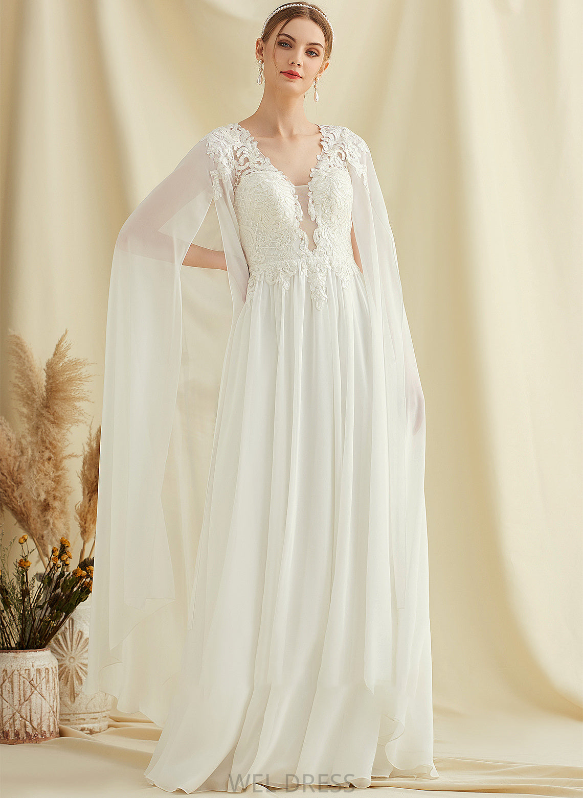 Floor-Length V-neck Wedding Wedding Dresses Emerson Dress Chiffon Sequins With Lace A-Line