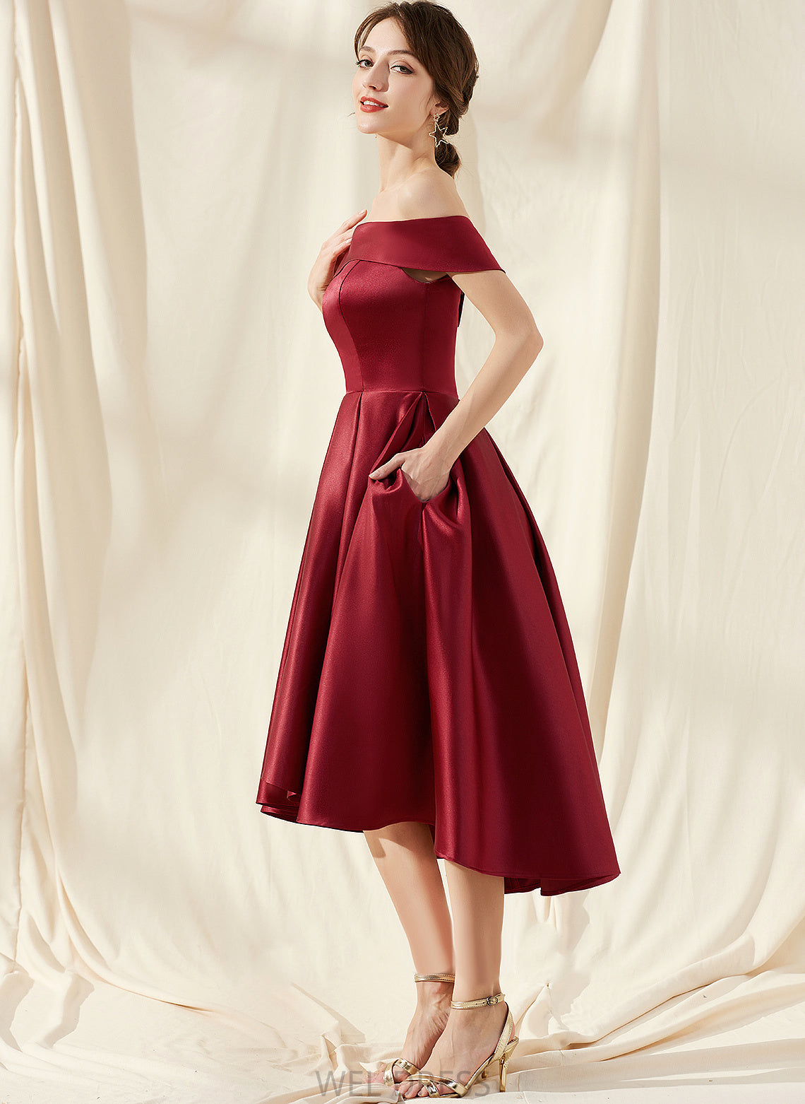 Homecoming Anika Dress Off-the-Shoulder Pockets Asymmetrical Satin A-Line With Homecoming Dresses