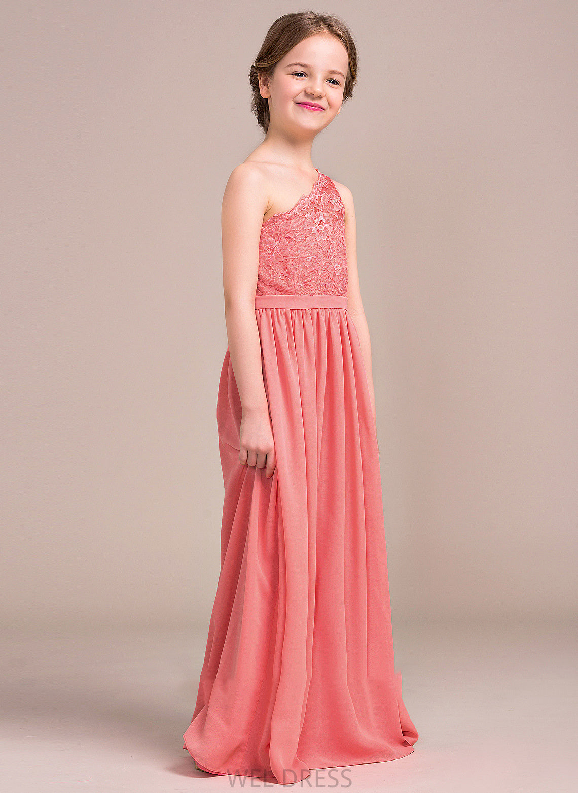 One-Shoulder A-Line Junior Bridesmaid Dresses Chiffon Katie Lace Floor-Length