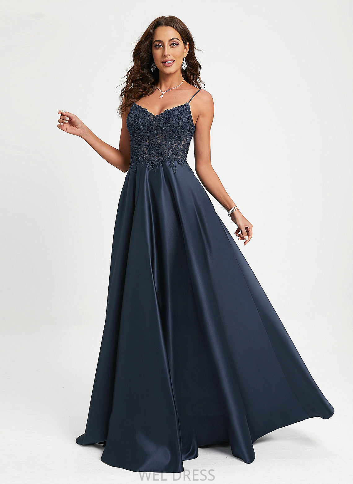 Lace V-neck Sequins Floor-Length With Satin A-Line Elise Prom Dresses