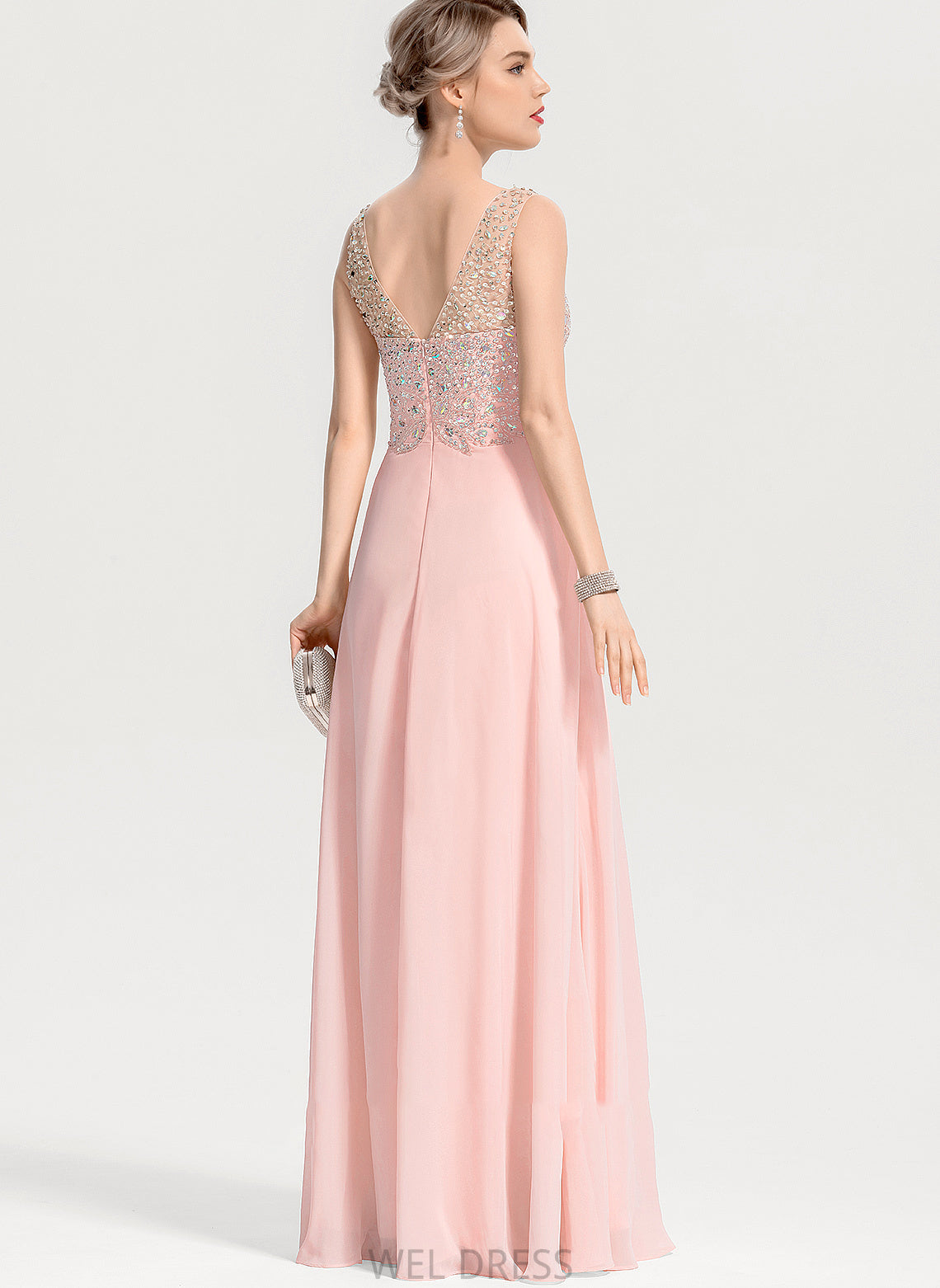 Chiffon Floor-Length With Split Beading Sequins A-Line V-neck Front Kaitlyn Prom Dresses