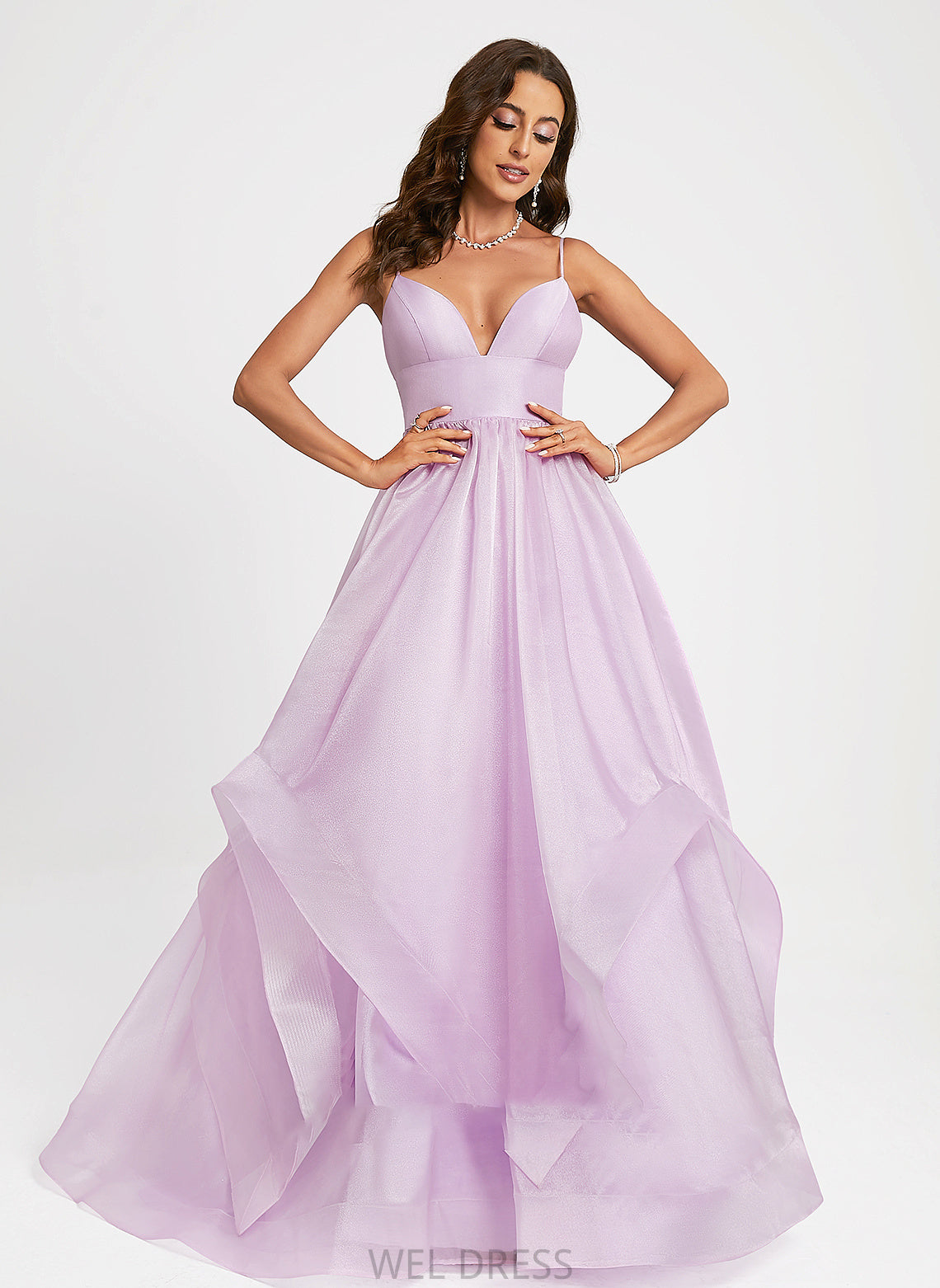 Ball-Gown/Princess V-neck Train Prom Dresses Violet Organza Sweep