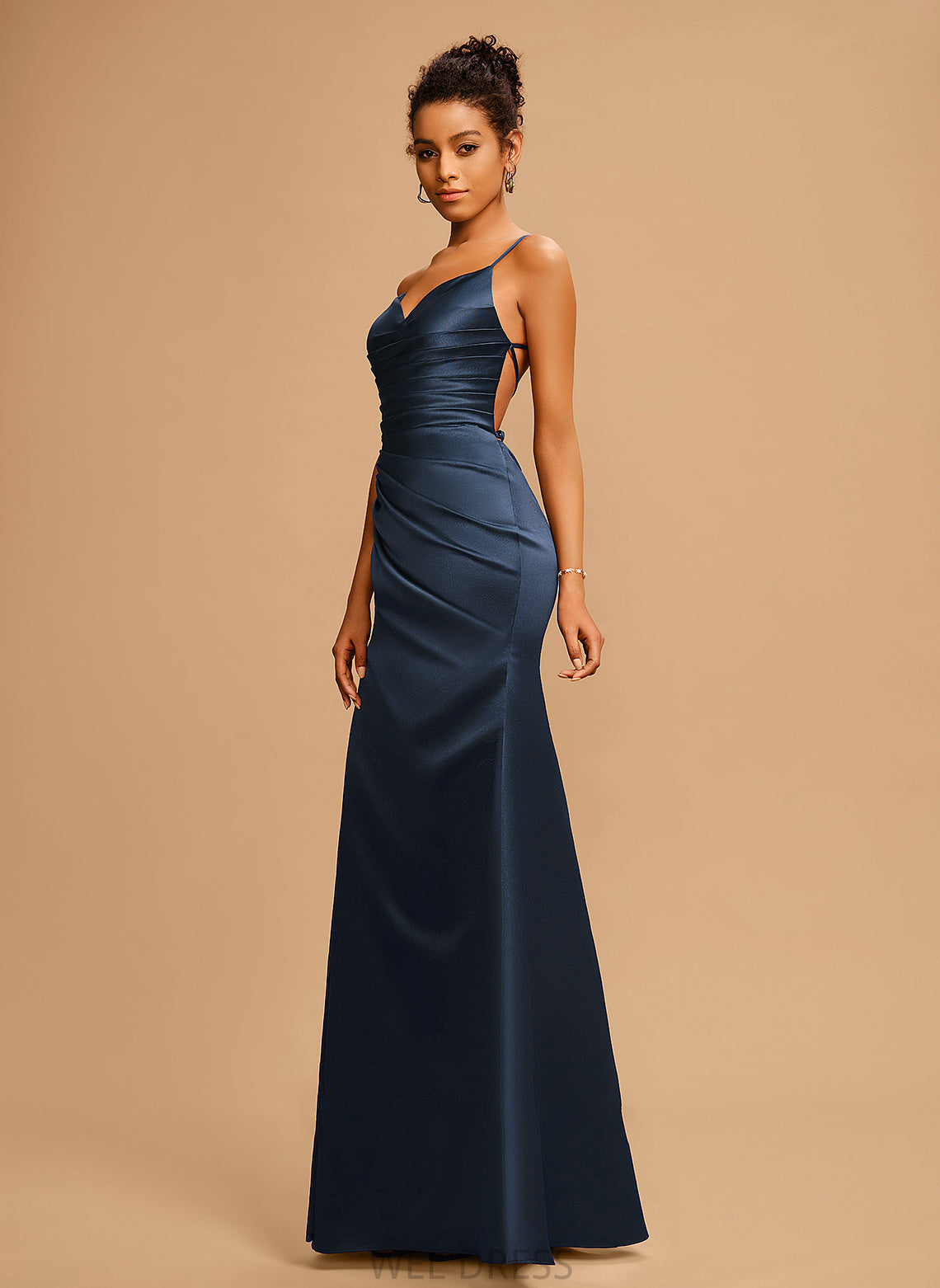 Satin Sheath/Column With Prom Dresses Floor-Length Athena V-neck Pleated