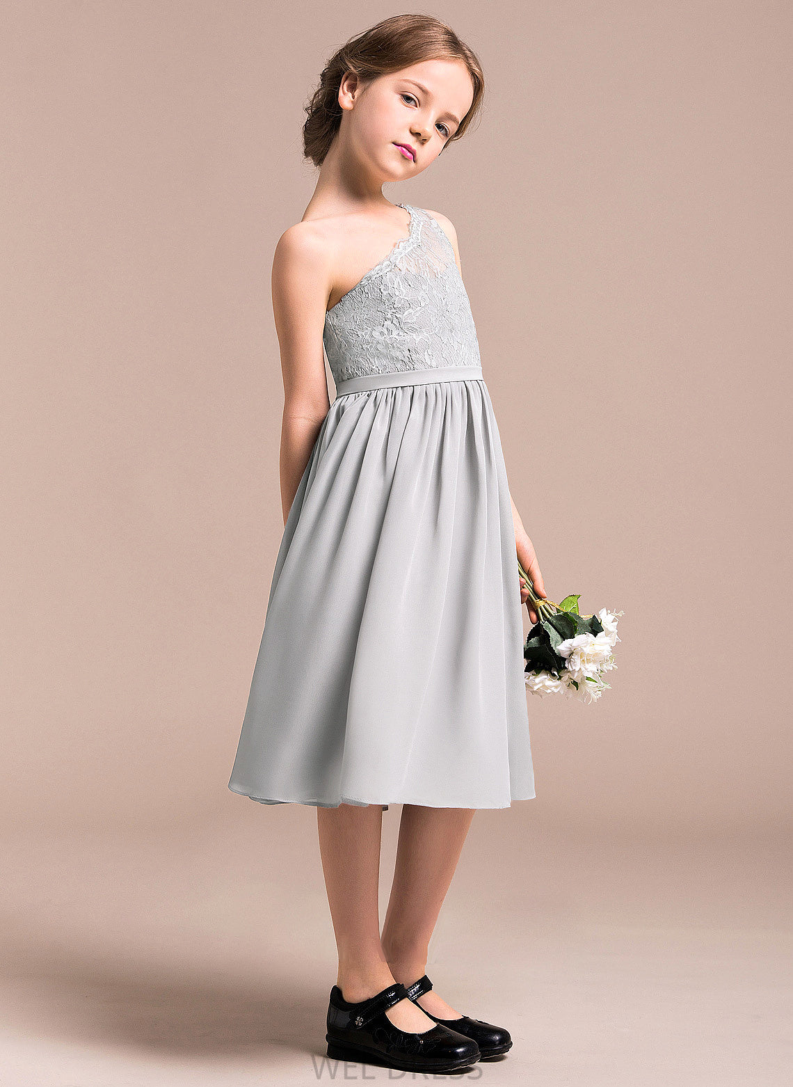 Lace One-Shoulder Junior Bridesmaid Dresses A-Line Knee-Length Chiffon Abbigail