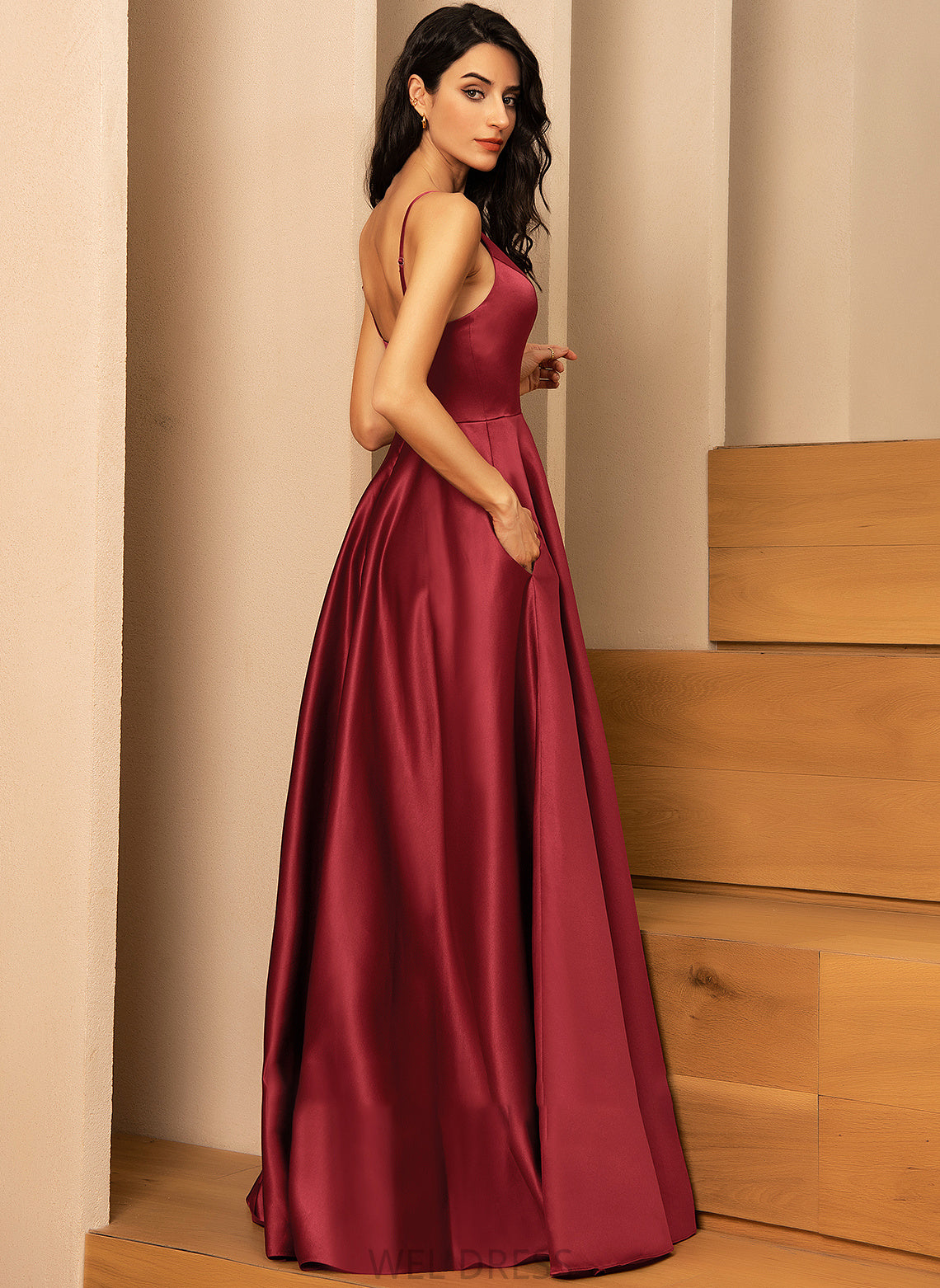 Satin Floor-Length With Hailey A-Line Prom Dresses V-neck Pockets