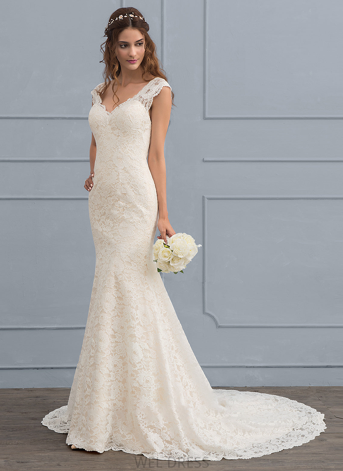 Lace Dress Trumpet/Mermaid V-neck Wedding Train Micaela Court Wedding Dresses