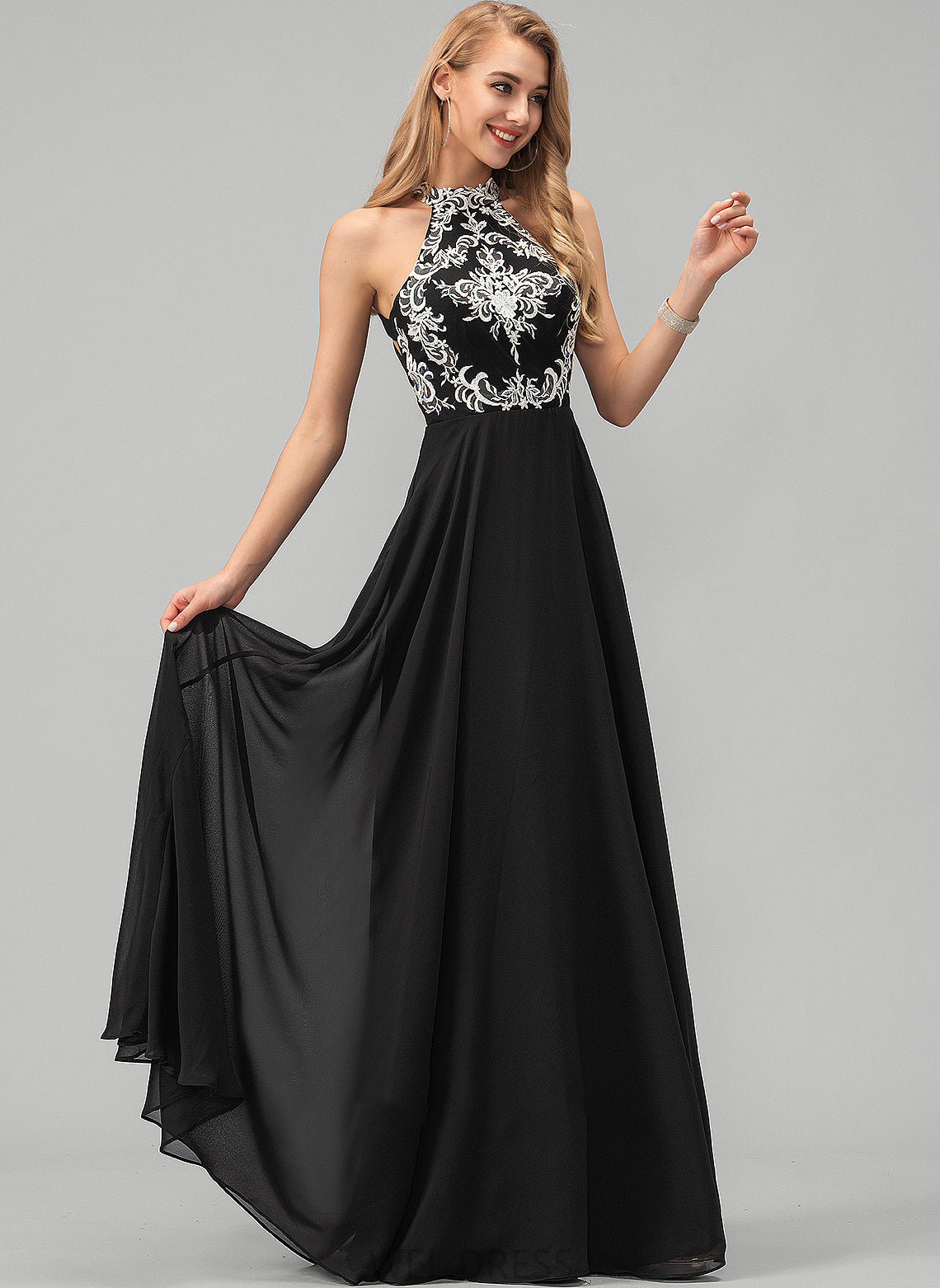 Prom Dresses Floor-Length Scoop A-Line Lace Amari With Chiffon Neck