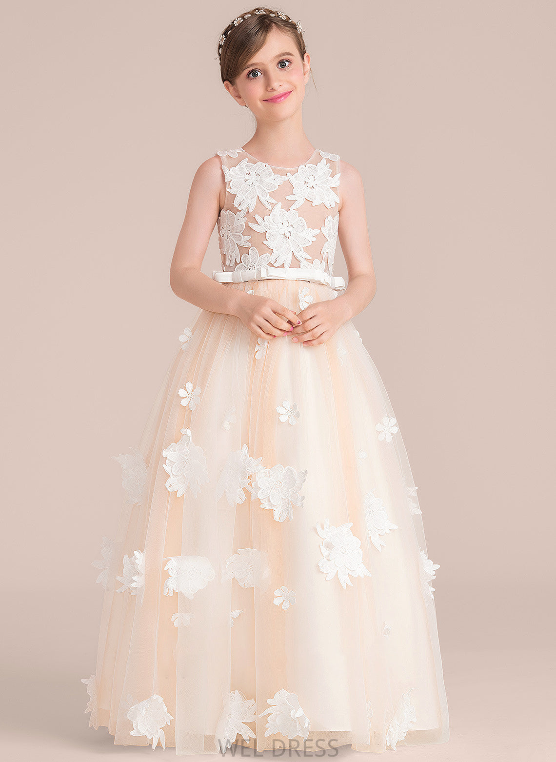 Flower(s) Scoop Kennedi Bow(s) With Neck Ball-Gown/Princess Floor-Length Tulle Junior Bridesmaid Dresses