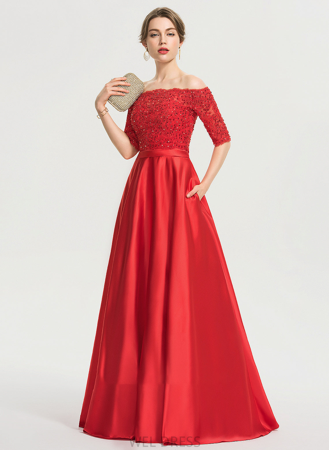 Sequins Floor-Length Ball-Gown/Princess Satin Laila Sweetheart Pockets With Prom Dresses Beading