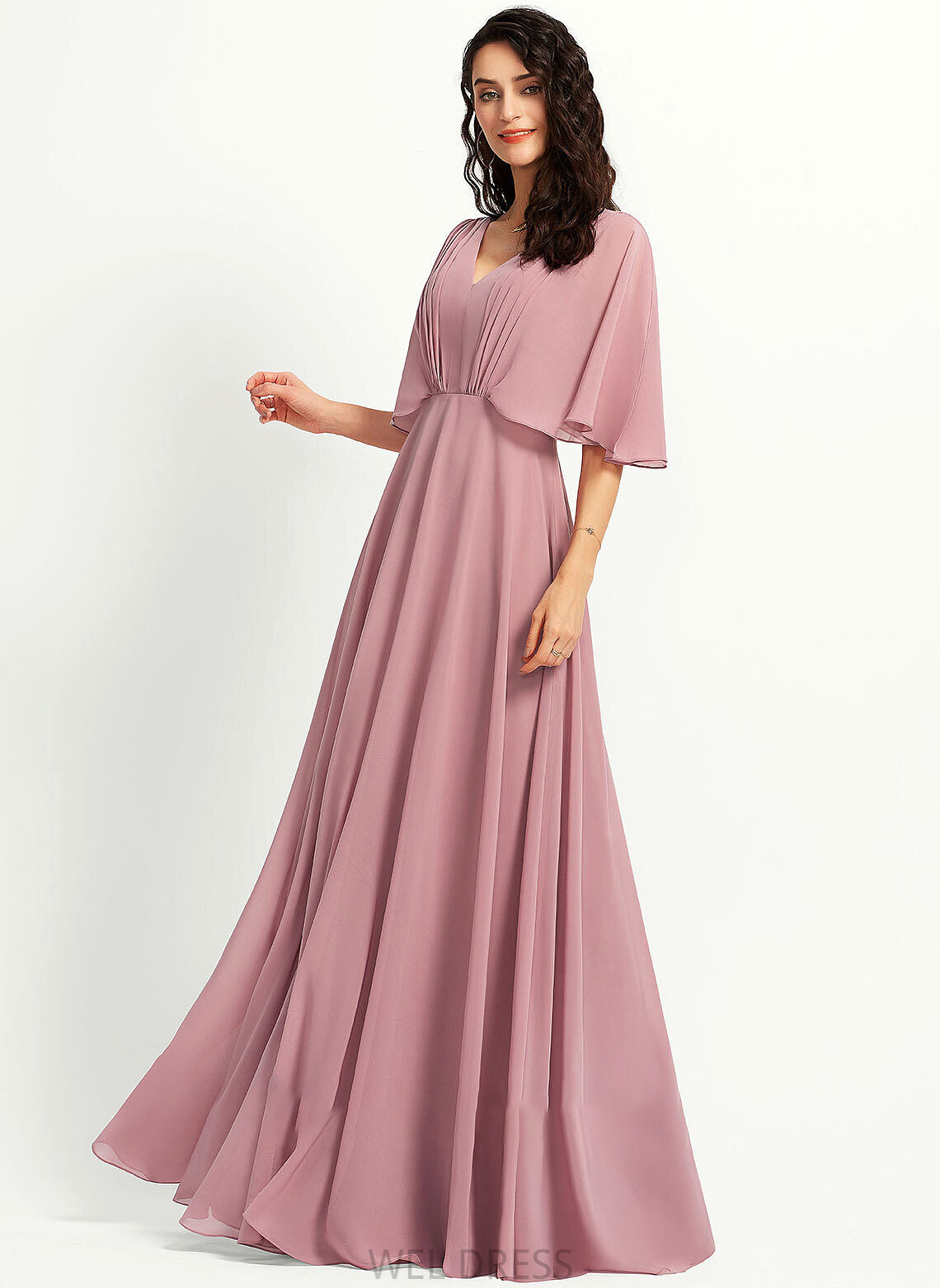 Floor-Length A-Line Fabric V-neck Ruffle Length Silhouette Embellishment Neckline Renee A-Line/Princess Natural Waist